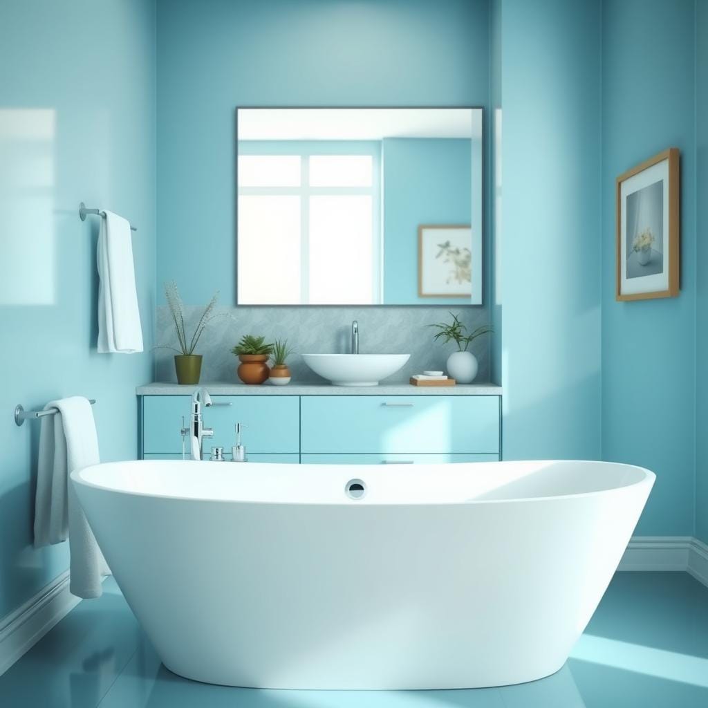 A beautifully designed bathroom featuring light reflective aqua blue paint on the walls, creating a serene and inviting atmosphere. In the foreground, a sleek white freestanding bathtub adorned with elegant bath accessories, reflecting the soft blue tones. The middle section showcases a large, well-lit mirror above a contemporary sink, with natural light subtly illuminating the aqua hues and enhancing their reflective quality. The background includes minimalist decor, such as potted plants and tasteful wall art that harmonize with the overall color scheme. The scene is captured with a soft-focus lens effect, emphasizing tranquility and elegance. The lighting is bright yet gentle, evoking a fresh and rejuvenating mood perfect for a windowless space. A beautifully designed bathroom featuring light reflective aqua blue paint on the walls, creating a serene and inviting atmosphere. In the foreground, a sleek white freestanding bathtub adorned with elegant bath accessories, reflecting the soft blue tones. The middle section showcases a large, well-lit mirror above a contemporary sink, with natural light subtly illuminating the aqua hues and enhancing their reflective quality. The background includes minimalist decor, such as potted plants and tasteful wall art that harmonize with the overall color scheme. The scene is captured with a soft-focus lens effect, emphasizing tranquility and elegance. The lighting is bright yet gentle, evoking a fresh and rejuvenating mood perfect for a windowless space.