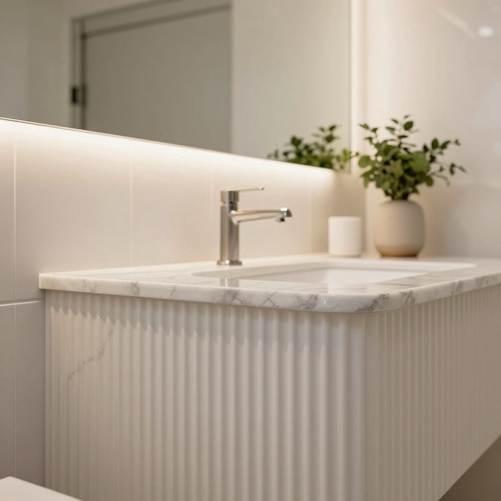 A beautifully designed bathroom featuring ribbed decor, showcasing a striking ribbed vanity with a sleek marble top and elegant faucets. The foreground highlights the texture of the ribbed surface, with soft, warm white lighting illuminating the grains and shadows. The middle layer showcases ribbed wall panels in a complementary color, enhancing the modern aesthetic of the space. Subtle greenery in the form of potted plants adds a touch of freshness. In the background, a large, frameless mirror reflects the decor, creating an open feel. The overall atmosphere is serene and inviting, emphasizing the rising trend of ribbed design, with a focus on contemporary elegance and style. A beautifully designed bathroom featuring ribbed decor, showcasing a striking ribbed vanity with a sleek marble top and elegant faucets. The foreground highlights the texture of the ribbed surface, with soft, warm white lighting illuminating the grains and shadows. The middle layer showcases ribbed wall panels in a complementary color, enhancing the modern aesthetic of the space. Subtle greenery in the form of potted plants adds a touch of freshness. In the background, a large, frameless mirror reflects the decor, creating an open feel. The overall atmosphere is serene and inviting, emphasizing the rising trend of ribbed design, with a focus on contemporary elegance and style.