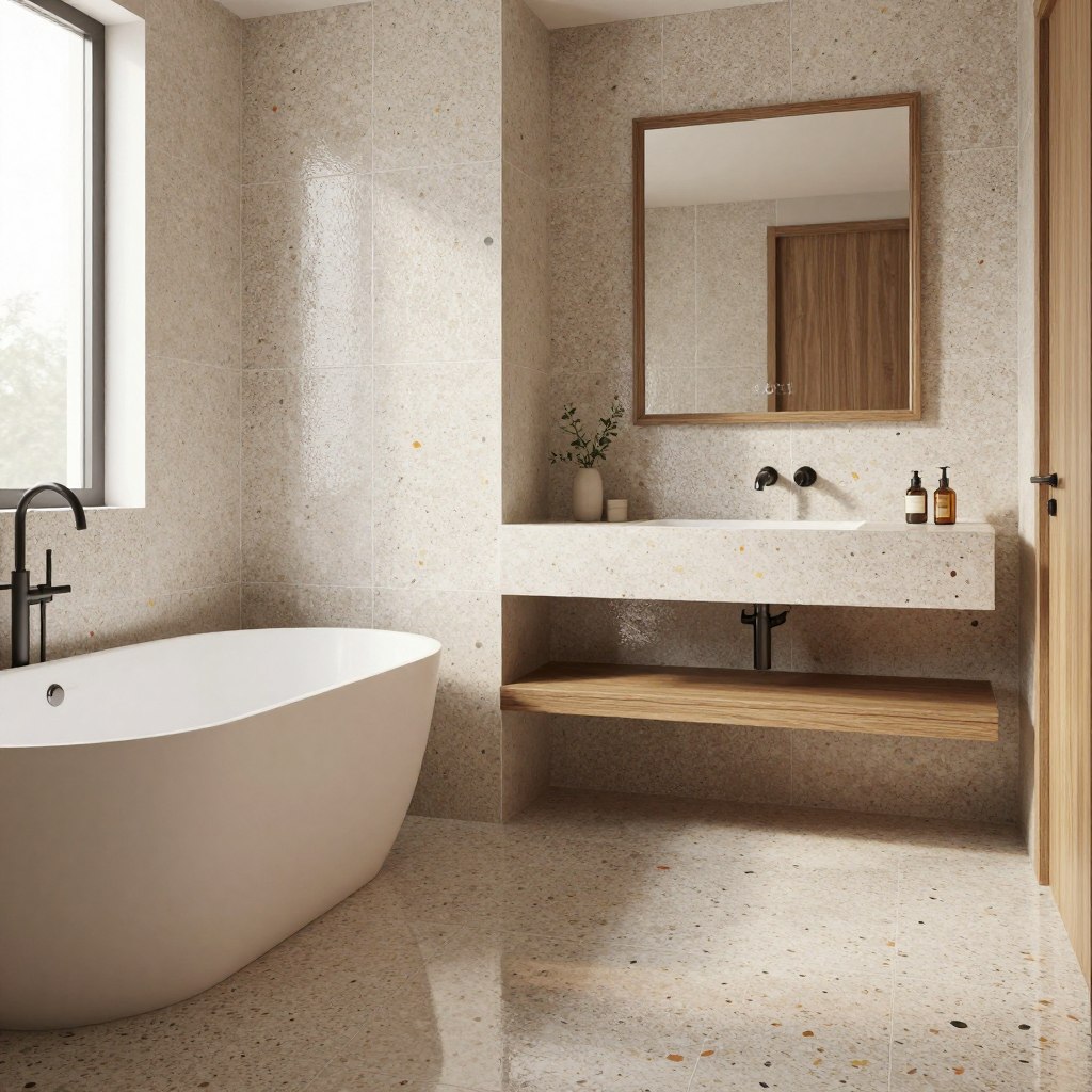 A beautifully designed bathroom featuring speckled tiles, showcasing a harmonious interplay of soft earth tones and vibrant specks. In the foreground, a sleek freestanding bathtub is complemented by minimalistic wooden accents. The middle of the scene focuses on the unique patterns of the speckled tiles, both on the walls and the floor, reflecting a blend of sophistication and creativity. The background reveals an elegantly framed mirror above a stylish floating vanity. Soft, natural lighting filters in through a frosted window, creating a warm, inviting atmosphere. The tiles, glistening slightly with moisture, evoke a sense of freshness, making the space feel both tranquil and modern. The angle captures the entire layout, emphasizing the beautiful texture and design of the bathroom. A beautifully designed bathroom featuring speckled tiles, showcasing a harmonious interplay of soft earth tones and vibrant specks. In the foreground, a sleek freestanding bathtub is complemented by minimalistic wooden accents. The middle of the scene focuses on the unique patterns of the speckled tiles, both on the walls and the floor, reflecting a blend of sophistication and creativity. The background reveals an elegantly framed mirror above a stylish floating vanity. Soft, natural lighting filters in through a frosted window, creating a warm, inviting atmosphere. The tiles, glistening slightly with moisture, evoke a sense of freshness, making the space feel both tranquil and modern. The angle captures the entire layout, emphasizing the beautiful texture and design of the bathroom.