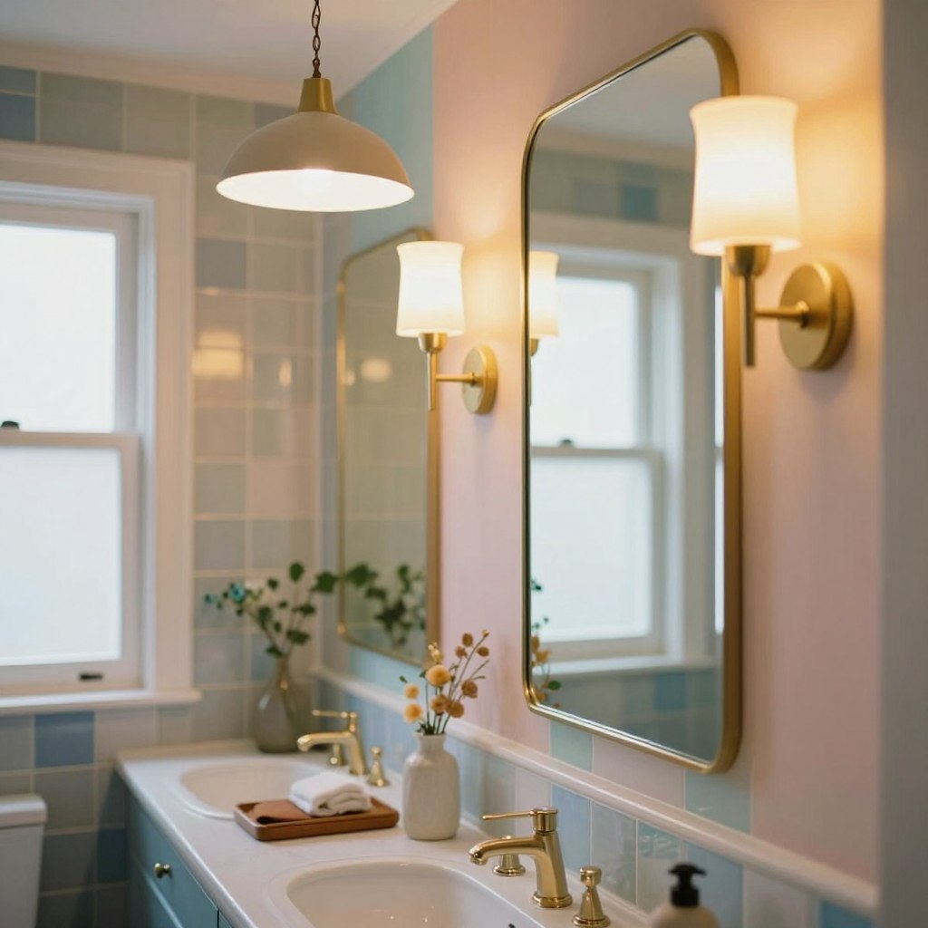 A beautifully designed bathroom featuring vibrant, bright paint colors that reflect current trends. In the foreground, showcase elegant light fixtures, such as a sleek, modern pendant lamp and wall sconces that emit warm, layered lighting, illuminating the space effectively. The middle of the scene should display an inviting vanity area with a colorful painted backsplash, adorned with stylish accessories and a large mirror that enhances the light. In the background, include tasteful tile work and a frosted window to suggest a bright atmosphere despite the lack of natural light. The overall mood is uplifting and dynamic, creating a sense of comfort and elegance. Capture this scene with a soft-focus lens and a slightly elevated angle to emphasize the beauty of the lighting and color coordination. A beautifully designed bathroom featuring vibrant, bright paint colors that reflect current trends. In the foreground, showcase elegant light fixtures, such as a sleek, modern pendant lamp and wall sconces that emit warm, layered lighting, illuminating the space effectively. The middle of the scene should display an inviting vanity area with a colorful painted backsplash, adorned with stylish accessories and a large mirror that enhances the light. In the background, include tasteful tile work and a frosted window to suggest a bright atmosphere despite the lack of natural light. The overall mood is uplifting and dynamic, creating a sense of comfort and elegance. Capture this scene with a soft-focus lens and a slightly elevated angle to emphasize the beauty of the lighting and color coordination.
