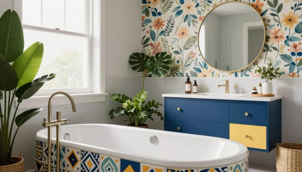 A beautifully designed bathroom showcasing a modern makeover with vibrant colors and intricate patterns. In the foreground, a stylish large bathtub adorned with colorful tiles featuring geometric patterns, surrounded by lush green plants for a touch of nature. The middle ground displays a chic vanity with a bold color scheme, incorporating rich blues and soft yellows, with a large round mirror above. The background features a striking accent wall decorated with floral wallpaper, creating a lively ambiance. Soft, natural light filters in through a frosted window, illuminating the space and enhancing the vibrant hues. The overall mood is inviting and refreshing, reflecting a trendy yet affordable aesthetic for modern bathrooms. Set at eye level to capture the full essence of the design.