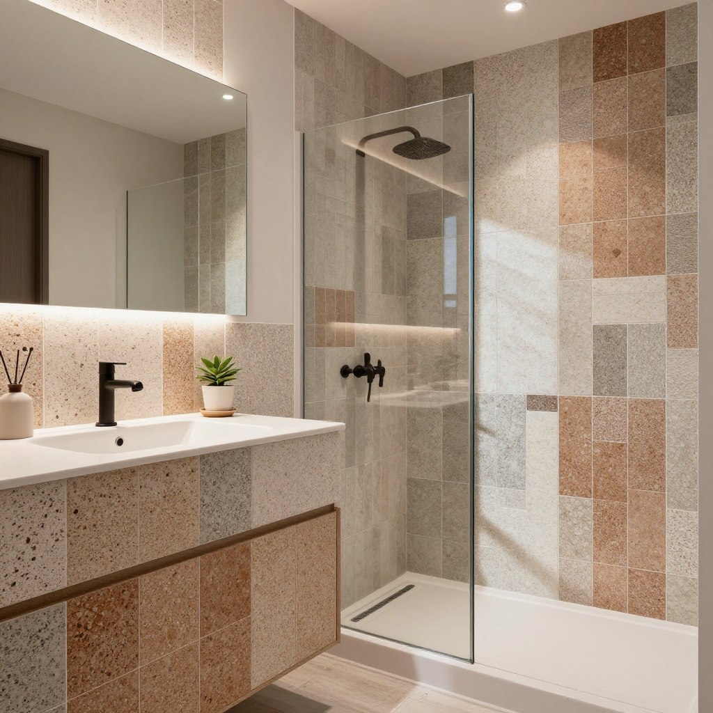 A beautifully designed bathroom showcasing innovative uses of speckled tiles in a cohesive and artistic manner. In the foreground, unique tile patterns form a stylish backsplash behind a modern sink, featuring earth-toned, speckled tiles that blend harmoniously. The middle section includes a creatively tiled shower area, with a mix of large and small rectangular tiles, creating a dynamic visual flow. The background features a large mirror reflecting natural light, enhancing the serene atmosphere. Ambient lighting casts soft shadows, adding warmth to the space. The overall mood is tranquil and inviting, showcasing the versatility and elegance of speckled tiles in bathroom design. The scene is captured with a wide-angle lens to emphasize the contrasting textures and colors, ensuring a vivid, compelling visual representation. A beautifully designed bathroom showcasing innovative uses of speckled tiles in a cohesive and artistic manner. In the foreground, unique tile patterns form a stylish backsplash behind a modern sink, featuring earth-toned, speckled tiles that blend harmoniously. The middle section includes a creatively tiled shower area, with a mix of large and small rectangular tiles, creating a dynamic visual flow. The background features a large mirror reflecting natural light, enhancing the serene atmosphere. Ambient lighting casts soft shadows, adding warmth to the space. The overall mood is tranquil and inviting, showcasing the versatility and elegance of speckled tiles in bathroom design. The scene is captured with a wide-angle lens to emphasize the contrasting textures and colors, ensuring a vivid, compelling visual representation.