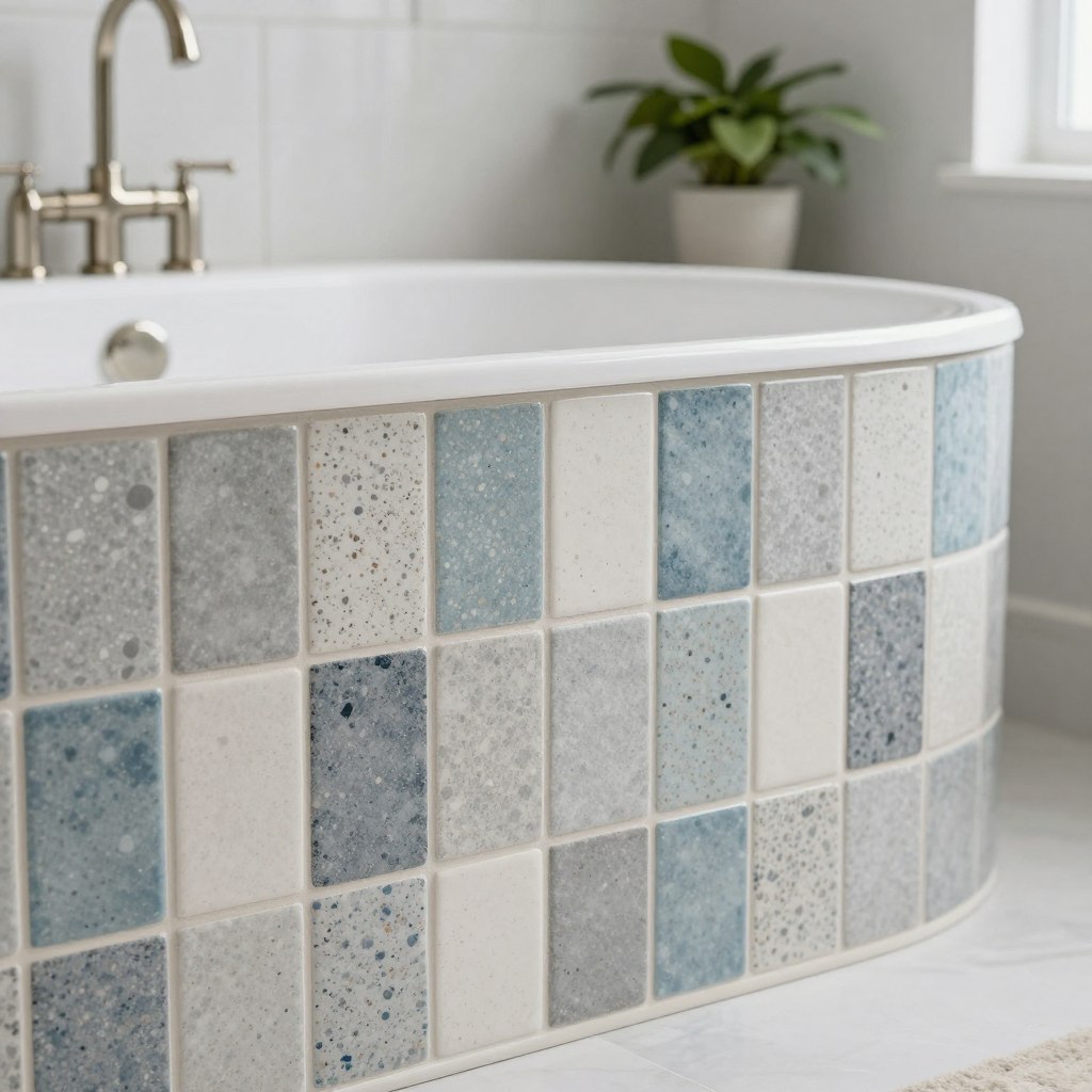A beautifully designed bathtub surround featuring an array of speckled tiles in a harmonious blend of soft blues, grays, and whites. The foreground captures the chic and modern tub, with intricate tile patterns showcasing varying speckle sizes and colors, creating visual interest. In the middle ground, the elegant fixtures glisten under soft, diffused natural lighting that emphasizes the textures of the tiles. The background includes a serene bathroom setting with subtle greenery peeking from a well-placed potted plant, enhancing the tranquility of the space. The overall mood is one of sophistication and calm, inviting viewers to imagine a revitalized bathroom retreat. The perspective is slightly angled to highlight the depth and beauty of the tile design while maintaining a crisp focus on the bathtub surround. A beautifully designed bathtub surround featuring an array of speckled tiles in a harmonious blend of soft blues, grays, and whites. The foreground captures the chic and modern tub, with intricate tile patterns showcasing varying speckle sizes and colors, creating visual interest. In the middle ground, the elegant fixtures glisten under soft, diffused natural lighting that emphasizes the textures of the tiles. The background includes a serene bathroom setting with subtle greenery peeking from a well-placed potted plant, enhancing the tranquility of the space. The overall mood is one of sophistication and calm, inviting viewers to imagine a revitalized bathroom retreat. The perspective is slightly angled to highlight the depth and beauty of the tile design while maintaining a crisp focus on the bathtub surround.