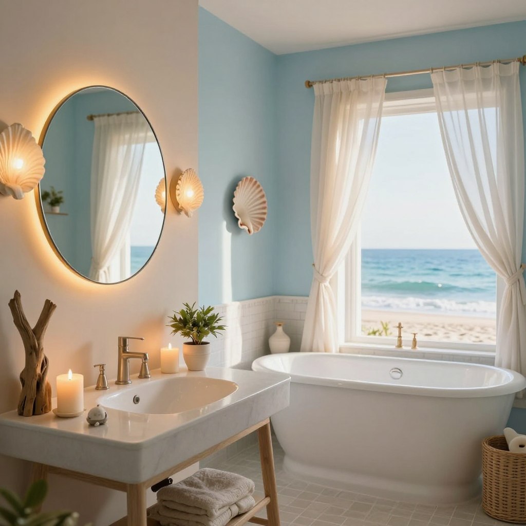 A beautifully designed beach bathroom featuring coastal-themed lighting accents. In the foreground, a stylish vanity with a round mirror surrounded by soft, ambient light fixtures inspired by seashells and driftwood. The middle section includes a sleek white bathtub adorned with decorative candles and a small potted plant, enhancing the serene atmosphere. The background showcases a calming color palette of light blues and sandy beige walls, with sheer curtains fluttering gently as they catch a warm ocean breeze. The overall lighting is bright yet soft, mimicking natural sunlight filtering in from a nearby window. A sense of tranquility and relaxation permeates the scene, evoking the essence of a beach retreat. The angle captures the entire setup, creating an inviting coastal oasis.