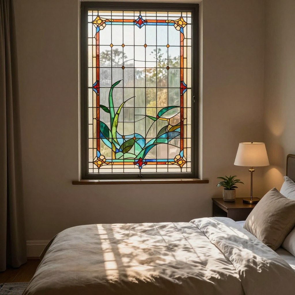A beautifully designed bedroom featuring a stunning stained and decorative glass window that showcases intricate patterns and colors. In the foreground, the window casts colorful light onto a soft, elegantly made bed with neutral-toned bedding. In the middle, a stylish bedside table with a small potted plant and a contemporary lamp complements the decor. The background includes soft, warm-toned walls that enhance the inviting atmosphere. The scene is illuminated by gentle morning sunlight filtering through the glass, creating a serene and peaceful mood. The angle captures both the window and parts of the room, emphasizing the beauty and functionality of decorative glass for privacy.