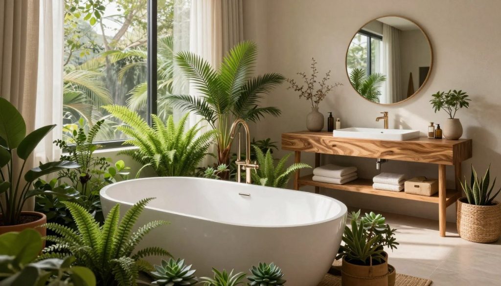 A beautifully designed biophilic bathroom featuring natural textures and an abundance of lush greenery. In the foreground, display a sleek, white freestanding bathtub surrounded by an assortment of potted plants, including ferns and succulents. The middle section showcases a wooden vanity with a textured surface, adorned with stylish fixtures and a large round mirror reflecting the natural light. In the background, incorporate large windows that invite sunlight, framed by sheer curtains, creating a soft and inviting atmosphere. Use warm, earthy tones to evoke a sense of tranquility and connection to nature. The lighting should be soft and diffuse, enhancing the organic feel of the space. Capture this from a slightly elevated angle to provide a comprehensive view of the serene layout.
