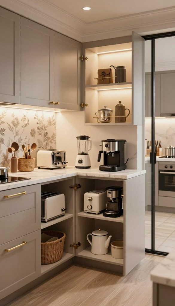 A beautifully designed butler's pantry showcasing innovative kitchen appliance storage solutions. In the foreground, sleek, modern cabinetry with elegant brass handles opens to reveal neatly organized kitchen appliances like a toaster, blender, and coffee maker, all arranged on shelving units. In the middle, illuminated by soft, warm lighting, a marble countertop offers additional workspace, with decorative baskets storing accessories. The background features a stylish wallpaper, enhancing the overall aesthetic, while large glass doors allow a glimpse of the organized yet hidden kitchen. The ambiance is warm and inviting, evoking a sense of sophistication and efficiency, captured from a slightly elevated angle to emphasize the depth and functionality of the space. A beautifully designed butler's pantry showcasing innovative kitchen appliance storage solutions. In the foreground, sleek, modern cabinetry with elegant brass handles opens to reveal neatly organized kitchen appliances like a toaster, blender, and coffee maker, all arranged on shelving units. In the middle, illuminated by soft, warm lighting, a marble countertop offers additional workspace, with decorative baskets storing accessories. The background features a stylish wallpaper, enhancing the overall aesthetic, while large glass doors allow a glimpse of the organized yet hidden kitchen. The ambiance is warm and inviting, evoking a sense of sophistication and efficiency, captured from a slightly elevated angle to emphasize the depth and functionality of the space.