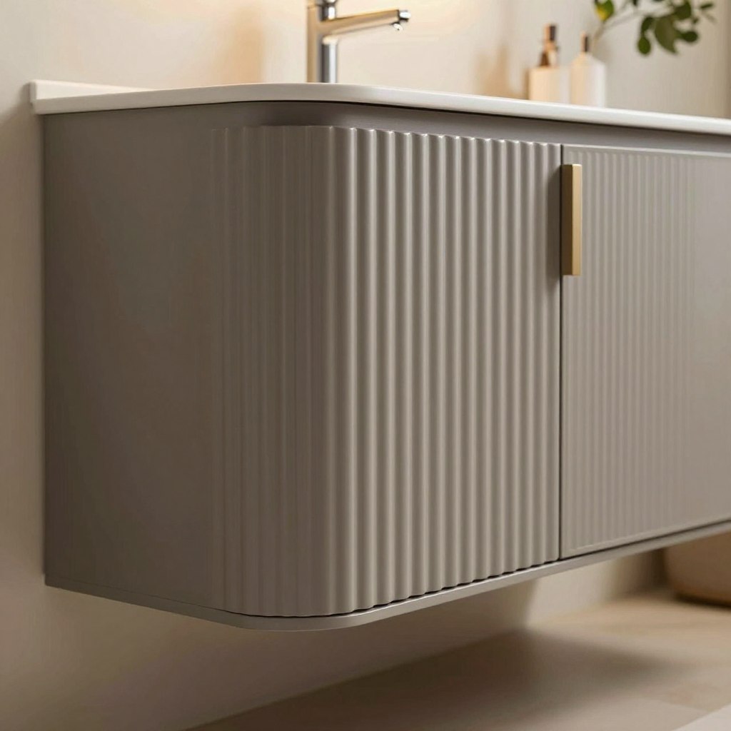 A beautifully designed curved ribbed vanity cabinet in a warm gray finish, elegantly showcasing its textured, semi-circular ribs that create a sense of depth and sophistication. The cabinet features sleek metallic accents and minimalist hardware for a modern touch. Placed in a chic, well-lit bathroom setting, the soft, diffused lighting casts gentle shadows, highlighting the cabinet's contours and details. In the background, subtle hints of natural wood elements and greenery create a warm and inviting atmosphere. Captured from a slightly angled perspective to emphasize the curvature, the image evokes a sense of luxury and tranquility, perfect for contemporary bathroom aesthetics. A beautifully designed curved ribbed vanity cabinet in a warm gray finish, elegantly showcasing its textured, semi-circular ribs that create a sense of depth and sophistication. The cabinet features sleek metallic accents and minimalist hardware for a modern touch. Placed in a chic, well-lit bathroom setting, the soft, diffused lighting casts gentle shadows, highlighting the cabinet's contours and details. In the background, subtle hints of natural wood elements and greenery create a warm and inviting atmosphere. Captured from a slightly angled perspective to emphasize the curvature, the image evokes a sense of luxury and tranquility, perfect for contemporary bathroom aesthetics.