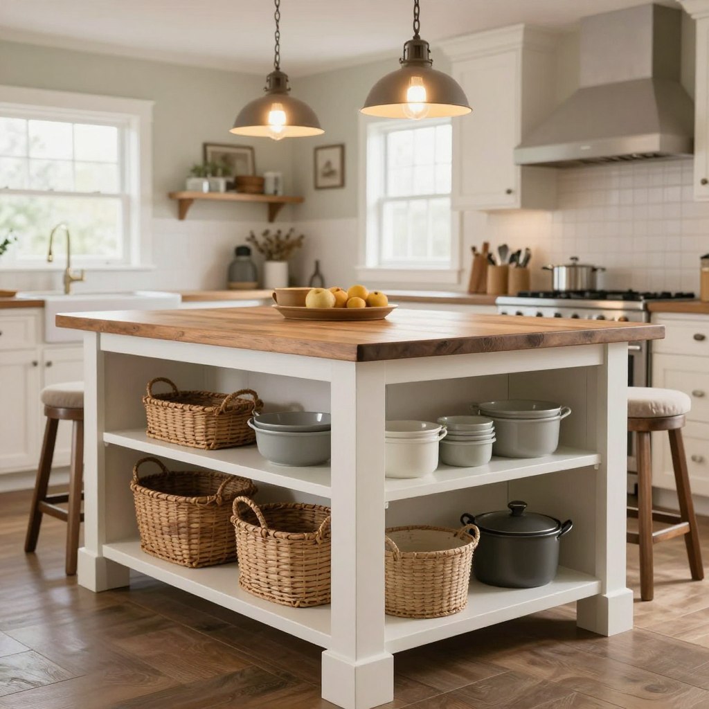 A beautifully designed farmhouse kitchen island focused on storage, featuring a sturdy wooden table top with a distressed finish, complemented by white cabinetry and open shelving. In the foreground, the island showcases woven baskets and neatly organized cookware for easy access. The middle ground includes rustic bar stools with comfortable cushions, inviting an atmosphere of warmth and functionality. In the background, soft vintage-style pendant lights hang above the island, casting a warm glow throughout the kitchen space. The walls are painted in a soft, calming hue, and there’s a window allowing natural light to filter in, enhancing the cozy ambiance. The scene is captured from a slight angle that emphasizes the island’s practical storage features while showcasing the overall charm of a compact farmhouse kitchen.