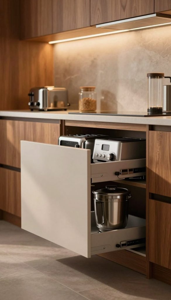 A beautifully designed kitchen featuring hidden drawer-style appliances seamlessly integrated into elegant cabinetry. The foreground displays sleek, minimalist kitchen drawers slightly open, revealing modern appliances like a toaster, coffee maker, and a mixer, all in stainless steel finish. In the middle, warm wood tones and subtle textures in the cabinetry create a cozy yet sophisticated atmosphere. The background showcases a stylish backsplash and under-cabinet lighting that casts a soft glow, highlighting the concealed appliances. The scene is captured from a slight angle to showcase depth, with a focus on the harmonious blend of functionality and aesthetics. Warm, inviting lighting enhances the overall mood, inviting viewers to envision a clutter-free kitchen space. A beautifully designed kitchen featuring hidden drawer-style appliances seamlessly integrated into elegant cabinetry. The foreground displays sleek, minimalist kitchen drawers slightly open, revealing modern appliances like a toaster, coffee maker, and a mixer, all in stainless steel finish. In the middle, warm wood tones and subtle textures in the cabinetry create a cozy yet sophisticated atmosphere. The background showcases a stylish backsplash and under-cabinet lighting that casts a soft glow, highlighting the concealed appliances. The scene is captured from a slight angle to showcase depth, with a focus on the harmonious blend of functionality and aesthetics. Warm, inviting lighting enhances the overall mood, inviting viewers to envision a clutter-free kitchen space.