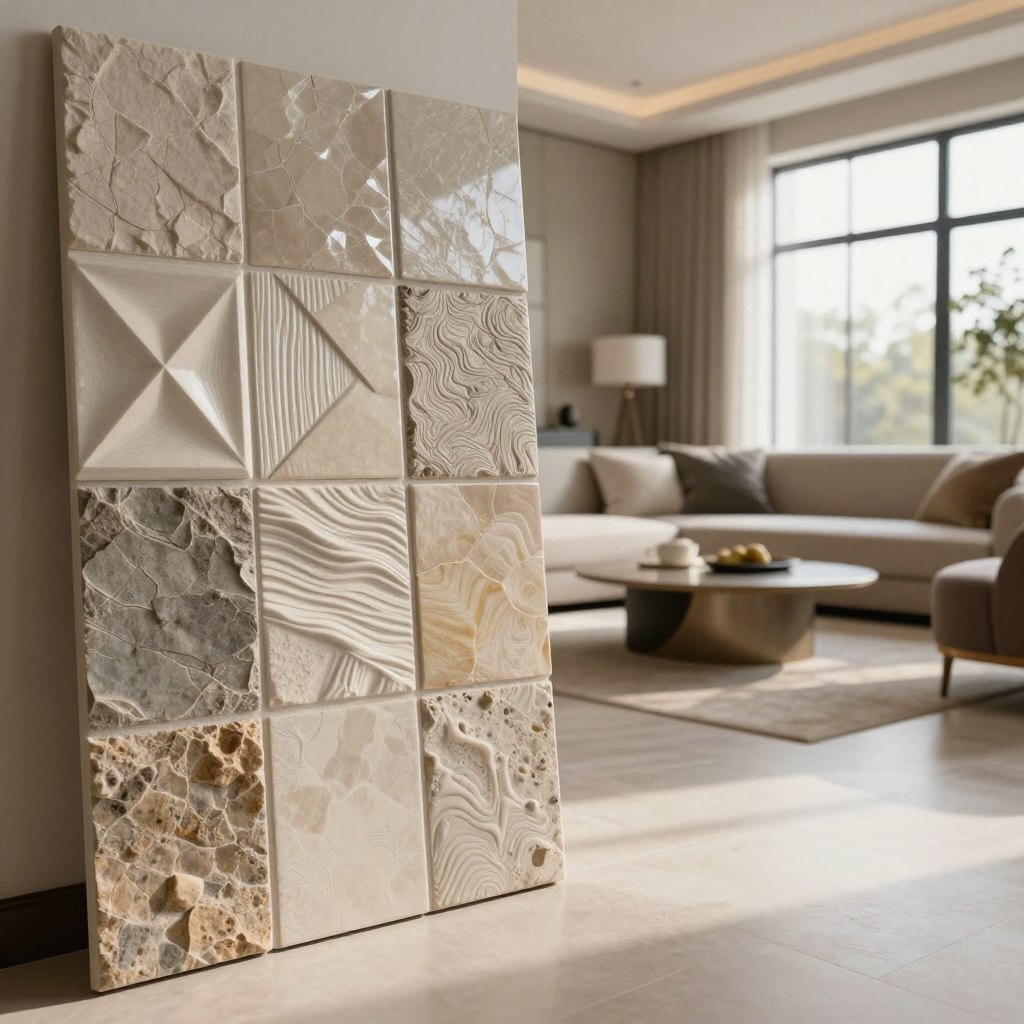 A beautifully designed living room featuring an array of 3D textured wall tiles, presented prominently in the foreground. The tiles showcase a variety of designs, such as geometric patterns, wavy textures, and natural stone finishes, all reflecting light in a way that adds depth and dimension. The middle ground includes elegant furniture, such as a modern sofa and stylish coffee table, arranged invitingly. The background consists of large windows allowing natural light to flood in, enhancing the warm and inviting atmosphere. The scene is captured with a soft focus to emphasize the textures of the tiles, while the warm lighting creates a cozy ambiance, ideal for showcasing the appeal of 3D wall tiles in modern living room design.