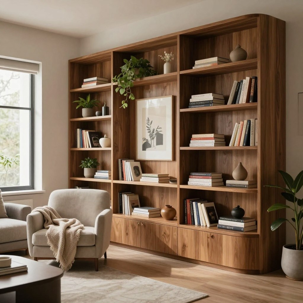 A beautifully designed living room featuring curved nook-style built-ins, showcasing elegant bookshelves filled with a curated collection of books and decorative items. The foreground includes a cozy reading nook with a plush armchair and a soft throw blanket, inviting relaxation. In the middle, the built-in shelves have smooth, rounded edges with warm wood finishes, adorned with potted plants and tasteful artwork. The background displays a softly lit room with large windows letting in natural light, creating a serene and inviting atmosphere. The room should be styled with neutral tones, allowing the rich wood grains of the shelves to stand out. Use a soft focus lens to capture the warmth and harmony of this unique living room design with a warm, welcoming mood.
