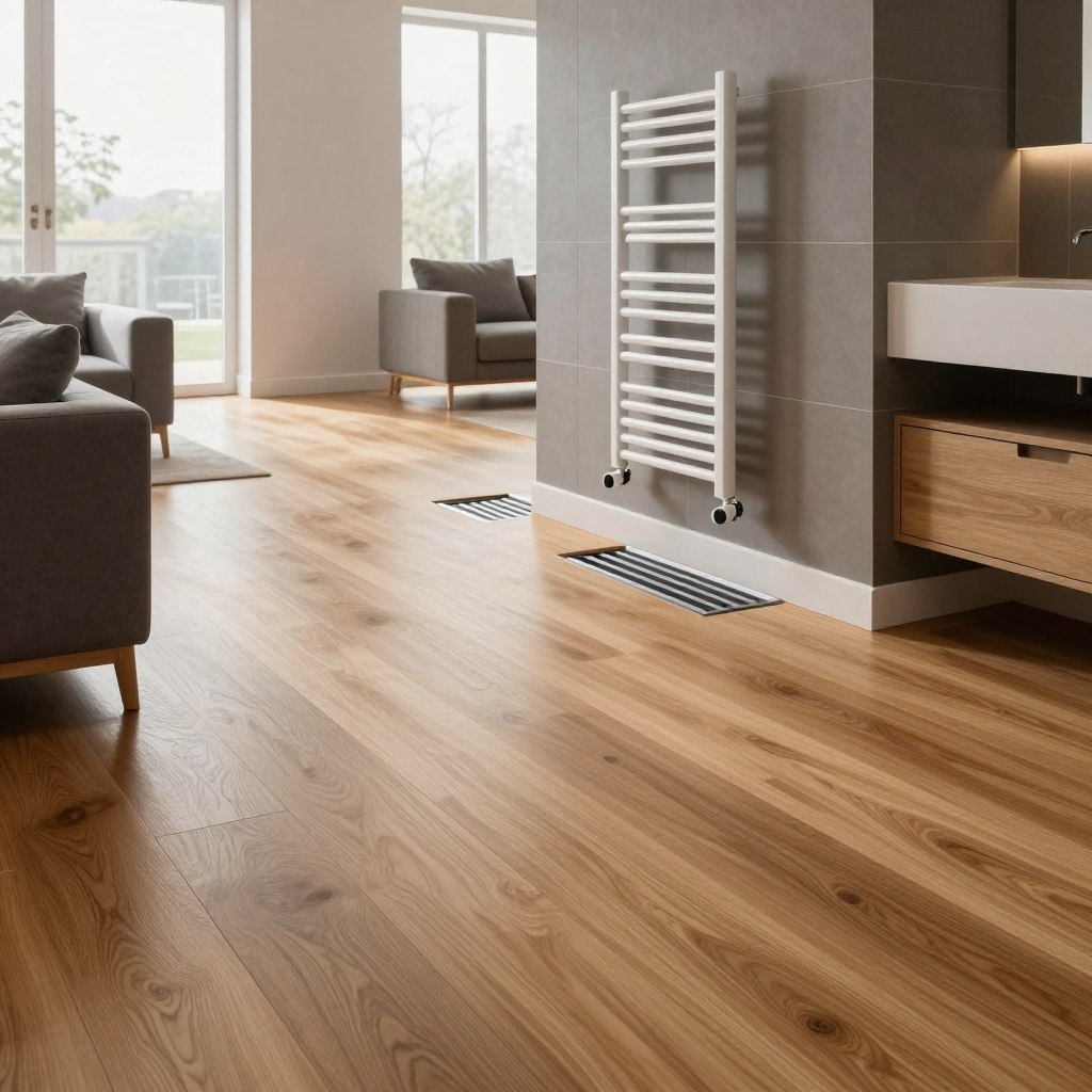 A beautifully designed living room showcasing an underfloor heating system in a modern home. In the foreground, sleek, warm wooden flooring contrasts with elegant, minimalist furniture arranged for comfort. In the middle, a stylish radiator towel warmer against a tiled wall adds functionality and visual appeal. The background features large windows letting in natural light, creating a bright and airy atmosphere. Soft, diffused lighting enhances the warmth of the space, while the overall color palette consists of earthy tones and cool grays for modern sophistication. The camera angle is slightly elevated, giving a clear view of the underfloor heating setup beneath the flooring, emphasizing its hidden yet essential role in home comfort. A beautifully designed living room showcasing an underfloor heating system in a modern home. In the foreground, sleek, warm wooden flooring contrasts with elegant, minimalist furniture arranged for comfort. In the middle, a stylish radiator towel warmer against a tiled wall adds functionality and visual appeal. The background features large windows letting in natural light, creating a bright and airy atmosphere. Soft, diffused lighting enhances the warmth of the space, while the overall color palette consists of earthy tones and cool grays for modern sophistication. The camera angle is slightly elevated, giving a clear view of the underfloor heating setup beneath the flooring, emphasizing its hidden yet essential role in home comfort.