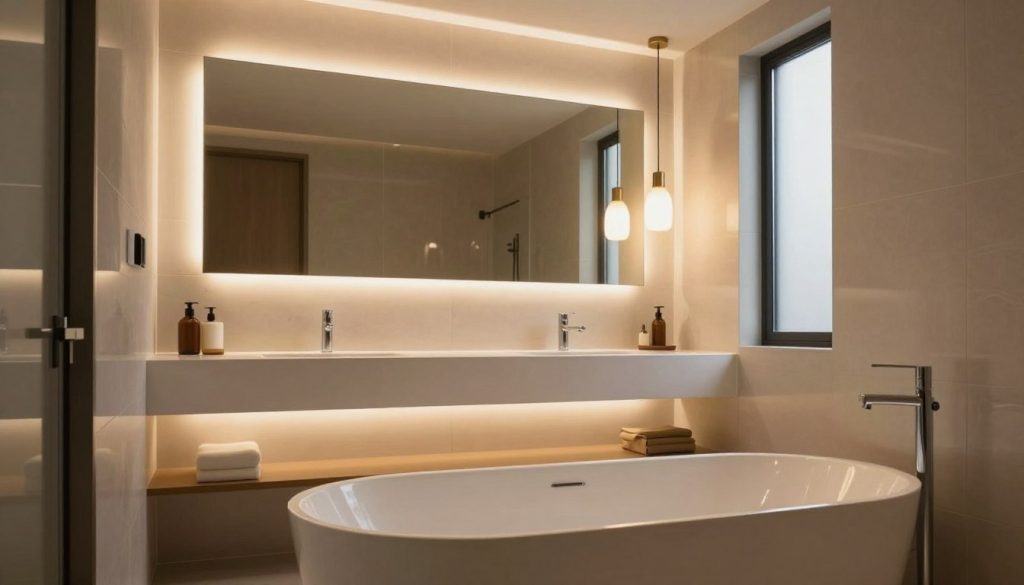 A beautifully designed modern bathroom featuring layered lighting design. In the foreground, soft LED strips illuminate the edges of a sleek, freestanding bathtub, creating a warm and inviting atmosphere. The middle layer showcases a stylish backlit vanity mirror, reflecting the glow of pendant lights hanging from the ceiling above a minimalist sink. Subtle recessed lighting casts a gentle ambiance across the room, highlighting the elegant tilework on the walls. The background reveals frosted glass windows allowing natural light to filter in, merging with the artificial lighting. The overall mood is calm and sophisticated, emphasizing a blend of functionality and modern aesthetics. The image is captured from a slight angle, showcasing the depth and layering of the different light sources harmonizing in the space.