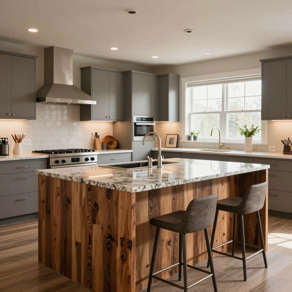 A beautifully designed modern kitchen showcasing a stylish kitchen island featuring reclaimed wood and elegant granite. In the foreground, the island boasts a rich, textured wood surface with a polished granite countertop, complemented by modern bar stools. The middle ground reveals sleek cabinetry and high-end appliances, creating a harmonious balance between rustic and contemporary elements. In the background, a softly lit open-concept living space enhances the warmth of the kitchen, with natural light streaming in through large windows. The atmosphere is inviting and cozy, ideal for gatherings and family meals, with a neutral color palette accented by earthy tones. The scene captures a sense of sophistication and comfort, perfect for illustrating the heart of the home. A beautifully designed modern kitchen showcasing a stylish kitchen island featuring reclaimed wood and elegant granite. In the foreground, the island boasts a rich, textured wood surface with a polished granite countertop, complemented by modern bar stools. The middle ground reveals sleek cabinetry and high-end appliances, creating a harmonious balance between rustic and contemporary elements. In the background, a softly lit open-concept living space enhances the warmth of the kitchen, with natural light streaming in through large windows. The atmosphere is inviting and cozy, ideal for gatherings and family meals, with a neutral color palette accented by earthy tones. The scene captures a sense of sophistication and comfort, perfect for illustrating the heart of the home.