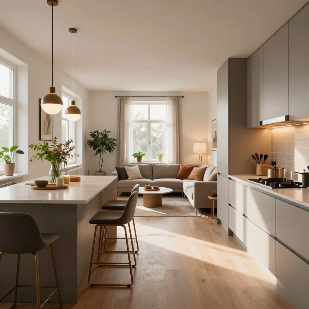 A beautifully designed open concept kitchen and living room in a small space, seamlessly blending functionality and style. The foreground features a sleek kitchen island with modern bar stools, adorned with fresh plants and contemporary kitchenware. In the middle, a cozy living area showcases a stylish sofa and a minimalist coffee table, surrounded by soft, warm lighting emanating from pendant lights above. The background reveals large windows allowing natural sunlight to flood the space, enhancing the airy atmosphere. The decor is a harmonious mix of neutral tones and pops of color, creating an inviting and vibrant ambiance. Ideal for inspiring small living solutions, the scene captures the essence of a contemporary lifestyle in a compact environment.