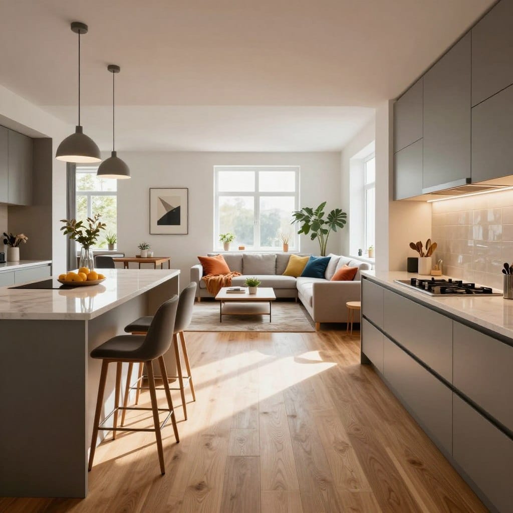 A beautifully designed open plan kitchen living room with continuous flooring, showcasing a seamless transition from the kitchen to the living area. In the foreground, a sleek modern kitchen with an island featuring a polished countertop, surrounded by stylish barstools. The living room boasts a cozy sofa adorned with colorful cushions, a coffee table, and indoor plants, creating an inviting atmosphere. In the middle, the continuous flooring, a warm wooden hue, unifies the space, enhancing its spaciousness. Soft natural light streams through large windows, casting gentle shadows and illuminating the room. The background features minimalistic decor, with art pieces and a soft rug, establishing a harmonious and contemporary vibe, ideal for small spaces. The overall mood feels bright, airy, and welcoming.