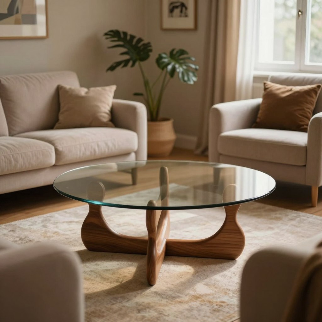 A beautifully designed round coffee table is the focal point of this cozy living space. The table features a sleek glass top with a polished wooden base, elegantly reflecting a soft, ambient light. Surrounding the table are plush, contemporary chairs, inviting and arranged in a casual yet stylish manner. In the background, a serene living room is visible, adorned with warm-toned walls and subtle decor, such as framed artworks and potted plants, contributing to a welcoming atmosphere. The image captures the scene from a slightly elevated angle, focusing on the table and its inviting arrangement. Soft natural light streams through a nearby window, creating gentle shadows and highlighting the textures in the furniture. The overall mood is relaxed and inviting, perfect for a casual gathering.