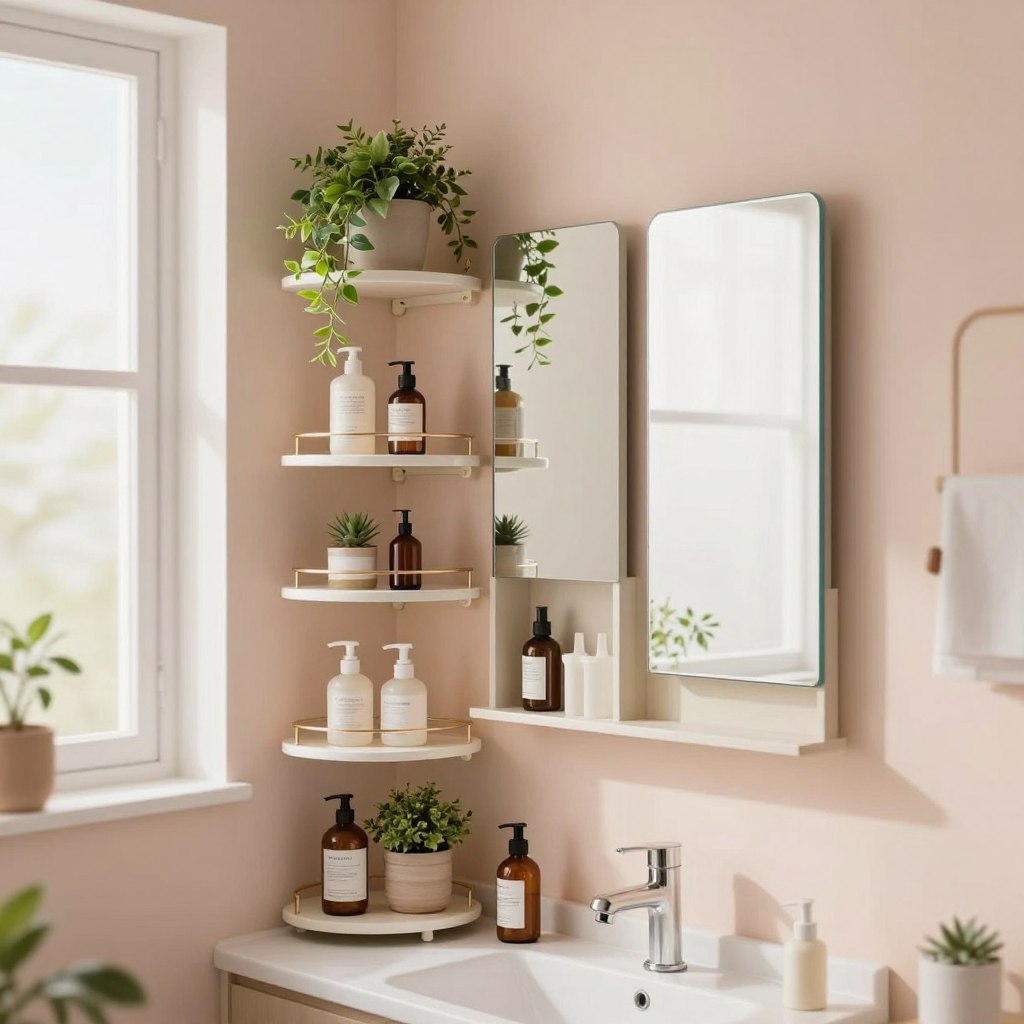A beautifully designed small bathroom featuring innovative vertical storage solutions and smart shelving. In the foreground, stylish tiered shelves hold neatly organized toiletries and decorative plants, accented by a warm, inviting color palette. The middle layer shows a compact vanity with elegant mirrors and wall-mounted storage, framed by soft, natural light filtering through a frosted window. The background highlights a calming painted wall in a soft pastel hue, enhancing the feeling of openness. The overall atmosphere is serene and modern, showcasing a clever use of space. The scene is captured with a soft-focus lens effect, creating an inviting and refreshing ambiance, perfect for a compact bathroom makeover. A beautifully designed small bathroom featuring innovative vertical storage solutions and smart shelving. In the foreground, stylish tiered shelves hold neatly organized toiletries and decorative plants, accented by a warm, inviting color palette. The middle layer shows a compact vanity with elegant mirrors and wall-mounted storage, framed by soft, natural light filtering through a frosted window. The background highlights a calming painted wall in a soft pastel hue, enhancing the feeling of openness. The overall atmosphere is serene and modern, showcasing a clever use of space. The scene is captured with a soft-focus lens effect, creating an inviting and refreshing ambiance, perfect for a compact bathroom makeover.