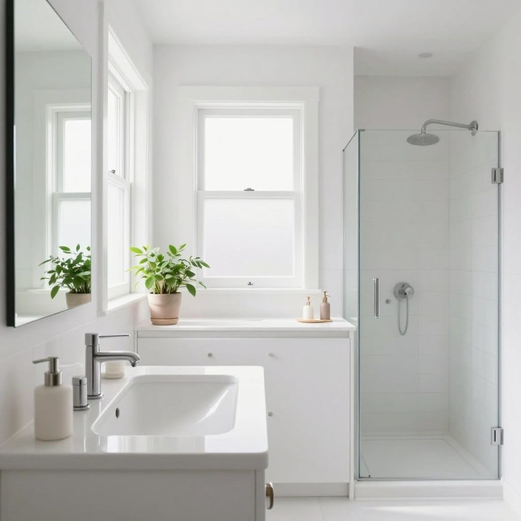 A beautifully designed small bathroom featuring pure, bright white walls, reminiscent of Benjamin Moore's "Chantilly Lace." In the foreground, there is a stylish, modern sink with sleek fixtures, complemented by minimalist decor elements like a potted plant and elegant soap dispenser. The middle showcases a well-lit vanity area with a mirror reflecting the bright white walls, accentuated by natural light streaming through a frosted window. In the background, tasteful, light-colored tiles and a walk-in shower create an open and airy feel. The scene exudes freshness and cleanliness, with soft, diffused lighting enhancing the spacious atmosphere while maintaining a warm, inviting mood, inviting viewers to envision a bright, serene space perfect for rejuvenation.