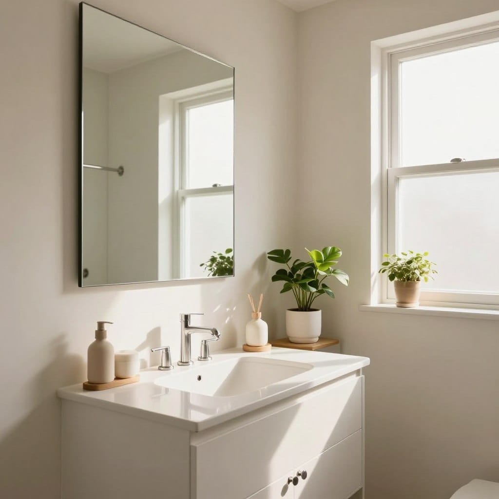 A beautifully designed small bathroom featuring warm, off-white walls reminiscent of Benjamin Moore "White Dove." In the foreground, a sleek white countertop with a modern sink and stylish fixtures, complemented by elegant bathroom accessories. The middle ground showcases a large mirror that reflects natural light, enhancing the airy atmosphere, while a touch of greenery is added with potted plants on the windowsill. The background includes soft light streaming in through a frosted glass window, creating a serene ambiance. The overall mood is calming and inviting, with a clean, minimalist aesthetic that maximizes the perception of space. Soft shadows and gentle highlights emphasize the warm color tones, using natural lighting to add depth and dimension.