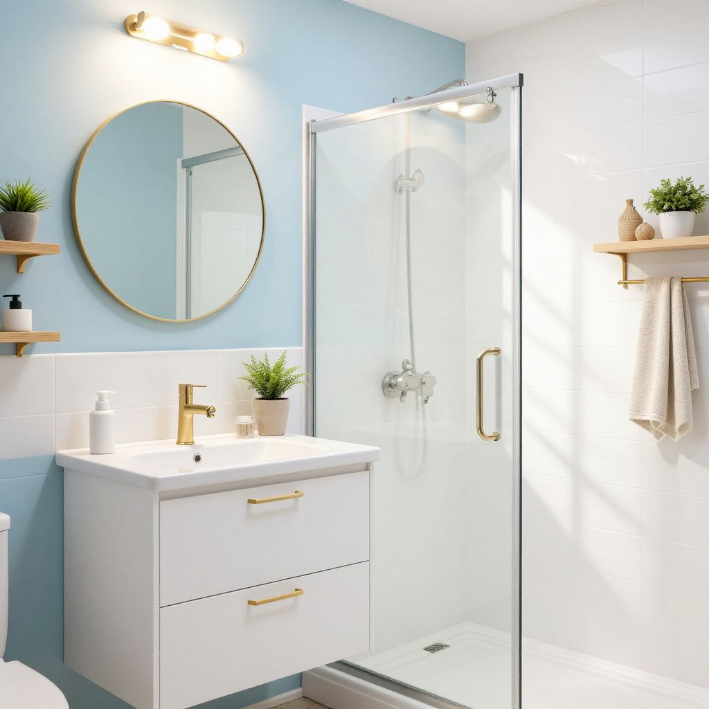 A beautifully designed small bathroom showcasing a light and bright color scheme. In the foreground, sleek white cabinetry with gold hardware and a modern circular mirror above a minimalist sink. The middle layer features pale blue walls combined with bright white tiles, creating a fresh atmosphere. A stylish glass shower enclosure with natural light streaming in enhances the sense of space. Light wood accents, such as shelves with potted plants and decorative towels, add warmth. The background includes soft bright lighting, emphasizing the airy feel and inviting atmosphere. The overall mood is serene and uplifting, perfect for illustrating effective small bathroom design ideas. A beautifully designed small bathroom showcasing a light and bright color scheme. In the foreground, sleek white cabinetry with gold hardware and a modern circular mirror above a minimalist sink. The middle layer features pale blue walls combined with bright white tiles, creating a fresh atmosphere. A stylish glass shower enclosure with natural light streaming in enhances the sense of space. Light wood accents, such as shelves with potted plants and decorative towels, add warmth. The background includes soft bright lighting, emphasizing the airy feel and inviting atmosphere. The overall mood is serene and uplifting, perfect for illustrating effective small bathroom design ideas.