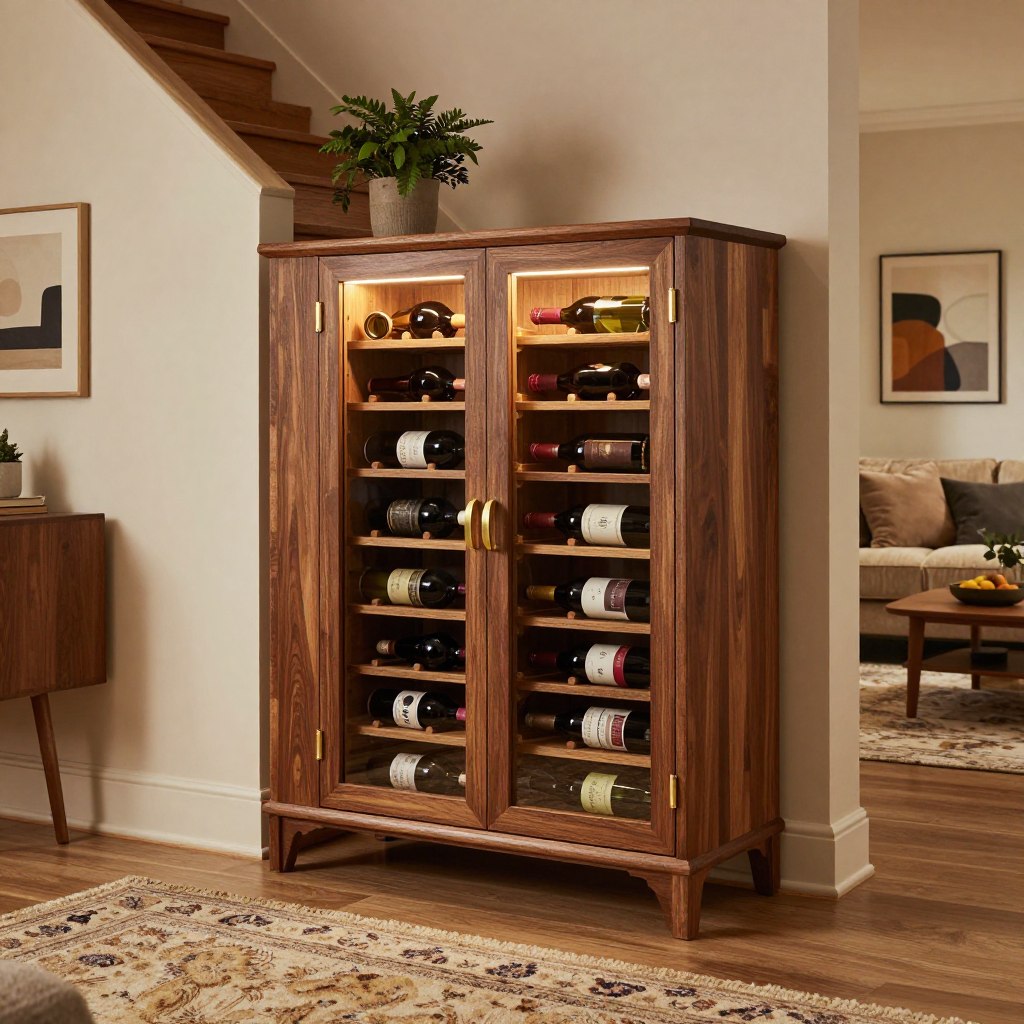 A beautifully designed under-stair wine storage cabinet, showcasing an elegant blend of modern and rustic styles. The cabinet, crafted from polished dark wood, reveals rows of wine bottles organized neatly behind glass doors with brass accents. In the foreground, a plush area rug adds warmth, while soft ambient lighting illuminates the cabinet, accentuating the rich colors of the wine labels. The middle ground features the stairwell, adorned with minimalistic artwork and potted plants, enhancing the inviting atmosphere. In the background, a cozy living room with a comfortable sofa and coffee table can be seen, creating a harmonious integration of the wine storage within the space. The mood is warm and sophisticated, inviting a sense of relaxation and luxury.