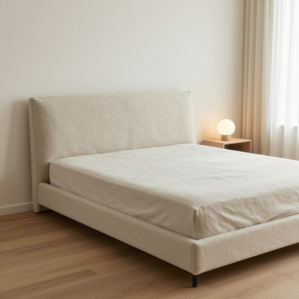 A beautifully designed upholstered linen platform bed in a low profile style, showcasing its elegant simplicity. The bed's headboard is gracefully padded with soft, textured linen in a light, neutral color. Surrounding the bed is a minimalist bedroom decor featuring a smooth, wooden floor in warm tones and delicate, airy curtains that allow natural light to gently fill the space. In the background, a small nightstand holds a modern lamp with a soft glow, casting a tranquil ambiance. The image should be shot from a slightly elevated angle, focusing on the quality of textures and the harmonious color palette. The overall mood is serene, inviting, and refined, emphasizing the beauty of minimalist design.