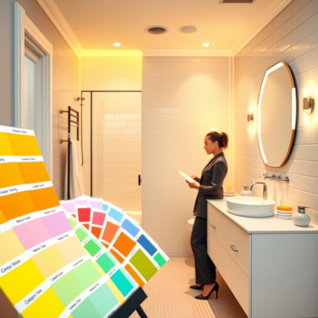 A beautifully designed windowless bathroom showcasing an inspiring color selection process. In the foreground, a well-organized paint swatch display featuring vibrant, bright colors like cheerful yellows, energizing lavenders, and refreshing mint greens. A professional interior designer in smart casual attire is examining the swatches, thoughtfully considering their application in the bathroom. The middle ground features a stylish bathroom vanity with modern fixtures, illuminated by soft, warm backlighting that enhances the overall brightness. In the background, light-colored tiles and bright accessories reflect the uplifting atmosphere. The mood suggests creativity and optimism, inviting viewers to envision a dazzling transformation of dark spaces into vibrant havens. The scene is captured with a warm, inviting angle, showcasing the beauty of color in enhancing interior spaces.