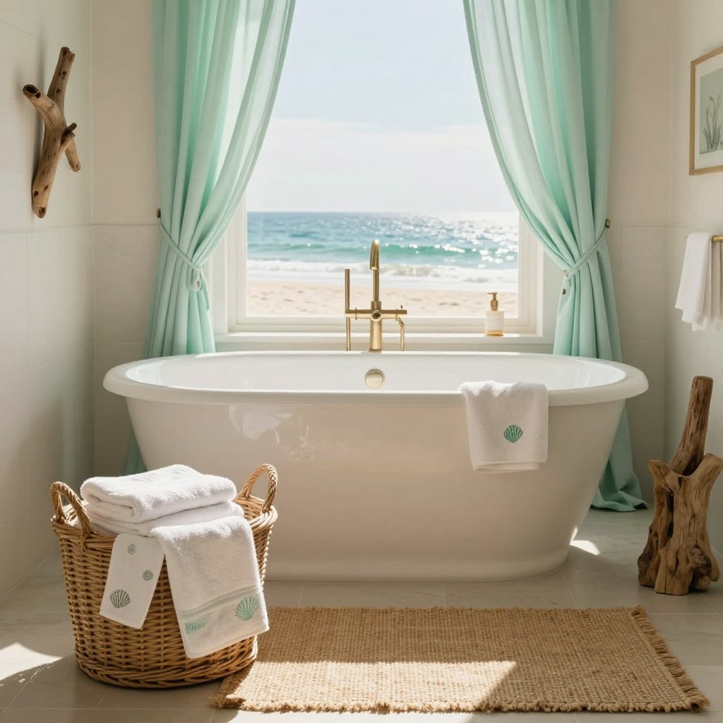A beautifully styled coastal bathroom, featuring soft pastel hues of seafoam green and sandy beige. In the foreground, delicate cotton bath towels with subtle seashell patterns are neatly arranged on a wicker basket. The middle ground showcases a freestanding tub surrounded by light, airy curtains billowing slightly as if in a gentle ocean breeze. Textures inspired by nature, such as driftwood accents and a jute rug, enhance the atmosphere. In the background, a large window reveals a serene view of the beach, drenched in warm, natural light that casts soft shadows. The mood is tranquil and inviting, embodying the essence of a refreshing day at the beach indoors.