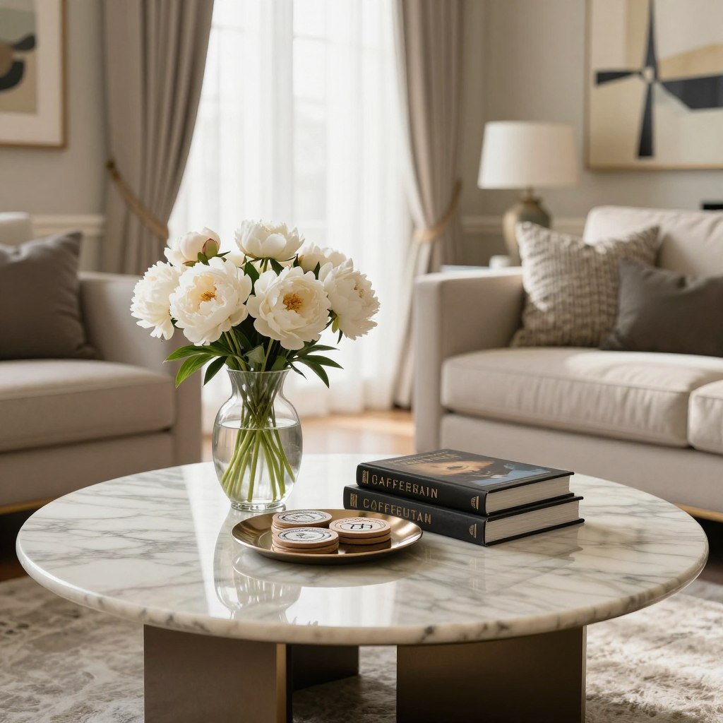 A beautifully styled coffee table in a sophisticated living room. The foreground features a sleek, round marble coffee table adorned with a carefully arranged display of high-end decor: an elegant vase with fresh white peonies, a stack of luxury coffee table books, and a delicate decorative tray holding artisanal coasters. In the middle, soft natural light cascades through large, sheer curtains, creating a warm and inviting atmosphere. In the background, the walls are adorned with abstract art, and a plush sofa with textured cushions adds depth. The angle captures the table from a slightly elevated perspective, emphasizing both form and function, showcasing the balance between aesthetic beauty and everyday usability. The overall mood is chic and inviting, perfect for a luxury interior setting.