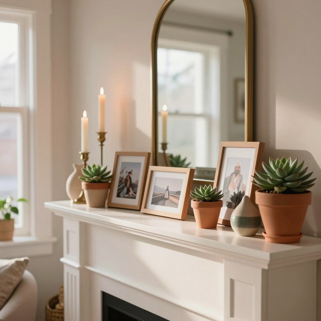 A beautifully styled living room mantle showcasing budget-friendly decor ideas. In the foreground, an inviting mantle adorned with a mix of potted succulents, framed photographs in simple wooden frames, and a few handmade decorations like painted terracotta pots. The middle ground features a stylish candle arrangement, with varying heights and designs, creating an inviting ambiance. In the background, a warm, soft-lit glow emanates from a wall-mounted mirror, reflecting the cozy atmosphere. The color palette consists of earth tones and soft pastels, enhancing the homey feel. The scene is captured with a slightly tilted angle to add depth, and natural sunlight streams in from a nearby window, creating gentle highlights on the decor and emphasizing the warmth of the space. The overall mood is relaxed, inviting, and creative.