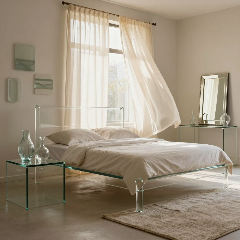 A beautifully styled modern bedroom featuring elegant glass decor elements, such as a sleek glass bed frame and decorative glass vases on a minimalist nightstand. In the foreground, showcase a delicately framed mirror reflecting natural light. The middle ground includes airy sheer curtains gently blowing in a subtle breeze, accompanied by a plush area rug with soft textures. The background reveals a serene, light-colored wall adorned with abstract glass art pieces that enhance the sleek, airy aesthetic. The lighting is soft and warm, creating a cozy atmosphere, with sunlight filtering through the curtains. The angle is slightly elevated, providing a comprehensive view of the room's decor. Aim for a refined, tranquil mood that embodies comfort and modernity, making the space feel inviting and homey.