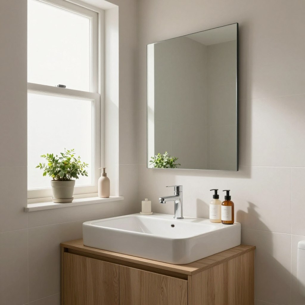 A beautifully styled small bathroom featuring a palette of light neutral paint colors, such as soft beige, light gray, and creamy white. In the foreground, a sleek, modern sink with minimalistic fixtures sits atop a wooden vanity. The middle ground showcases a large mirror reflecting natural light streaming in from a frosted window, enhancing the airy atmosphere. Delicate touches like potted plants and neatly arranged toiletries add warmth and charm. The background includes subtly textured wall tiles that harmonize with the paint colors, creating a cohesive look. The lighting is soft and diffused, emphasizing the tranquility of the space. Capture the overall mood of calmness and openness, perfect for small bathrooms looking to maximize light and serenity. The angle is slightly elevated, providing a comprehensive view of the design elements in harmony. A beautifully styled small bathroom featuring a palette of light neutral paint colors, such as soft beige, light gray, and creamy white. In the foreground, a sleek, modern sink with minimalistic fixtures sits atop a wooden vanity. The middle ground showcases a large mirror reflecting natural light streaming in from a frosted window, enhancing the airy atmosphere. Delicate touches like potted plants and neatly arranged toiletries add warmth and charm. The background includes subtly textured wall tiles that harmonize with the paint colors, creating a cohesive look. The lighting is soft and diffused, emphasizing the tranquility of the space. Capture the overall mood of calmness and openness, perfect for small bathrooms looking to maximize light and serenity. The angle is slightly elevated, providing a comprehensive view of the design elements in harmony.