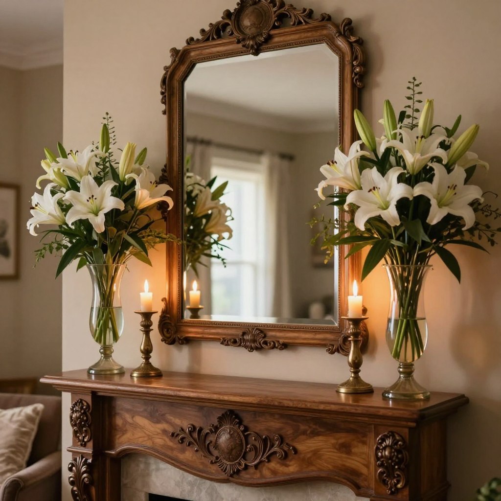 A beautifully styled symmetrical mantel arrangement showcasing classic elegance. In the foreground, an antique wooden mantel, polished and ornate, supports a pair of matching candlesticks, elegantly lit with soft, warm candlelight. In the middle, a stunning mirror with an intricate frame reflects the ambient light, flanked by identical floral arrangements in tall vases, featuring white lilies and green foliage. The background is softly blurred, suggesting a cozy living room with plush seating and warm-toned walls, enhancing the symmetrical balance. The overall atmosphere is inviting and serene, illuminated by gentle, diffused lighting that highlights the textures of the decor. The composition is captured from a slightly elevated angle, emphasizing the harmonious design and making it an ideal representation of timeless mantel aesthetics.