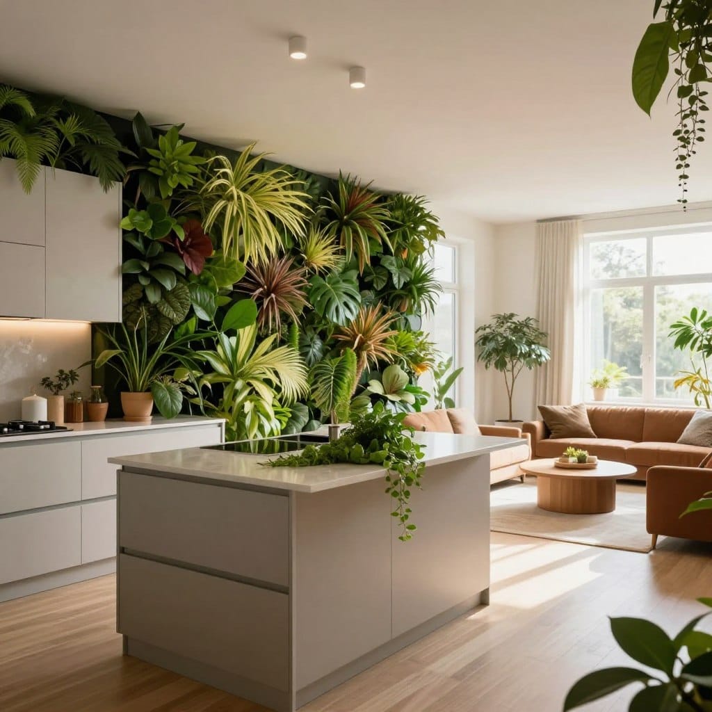 A bright and airy biophilic kitchen design seamlessly integrated with a living wall. In the foreground, a sleek kitchen island with modern cabinetry, accented by green plants on the countertop. The middle ground features a stunning living wall, filled with a variety of lush plants, harmoniously blending nature with a contemporary design. An open concept layout flows into a cozy living area with natural light streaming through large windows, illuminating the space. The background showcases a well-appointed living room with comfortable furniture in earthy tones. The atmosphere is serene and inviting, ideal for modern apartment living. Capture the scene with soft, diffused lighting, a wide angle lens to emphasize the openness, and a warm color palette for a welcoming feel.