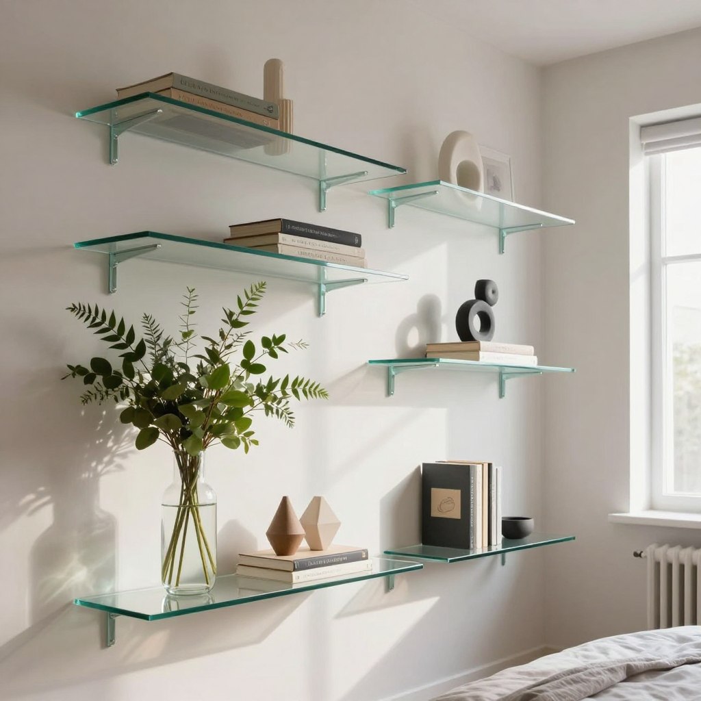 A bright and airy modern bedroom featuring elegant glass shelves styled with decorative accents. The foreground displays a clear glass shelf adorned with a minimalist vase filled with fresh greenery and a few artful objects, such as geometric sculptures and stylish books, creating a harmonious arrangement. In the middle ground, the wall behind the shelves is light and neutral, enhancing the sleek aesthetic. Soft natural light streams in from a window, casting gentle shadows and highlighting the glass's reflective surfaces. The camera angle is slightly tilted downwards, focusing on the shelves while capturing the serene atmosphere of the entire room. The mood is calm and inviting, showcasing the beauty of glass accents in a contemporary bedroom setting.