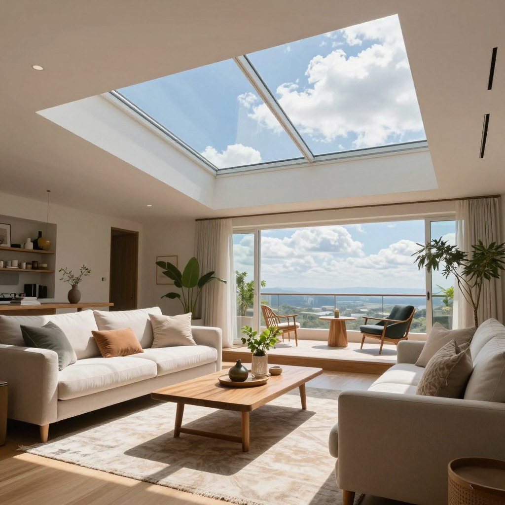 A bright and inviting living room featuring a large fixed skylight that allows natural light to flood the space. In the foreground, a cozy sofa adorned with elegant cushions sits comfortably next to a wooden coffee table with decorative plants. The middle layer reveals a stylish area rug, and an open layout showcasing modern furniture. Natural light streams from the skylight, creating soft shadows and highlighting the textures of the room. In the background, a serene view of blue skies and fluffy clouds is visible through the skylight, enhancing the airy feel of the space. The mood is warm and uplifting, reflecting the benefits of natural light in home applications. The camera is positioned at a slight angle to capture both the interior and the beautiful skyline above.