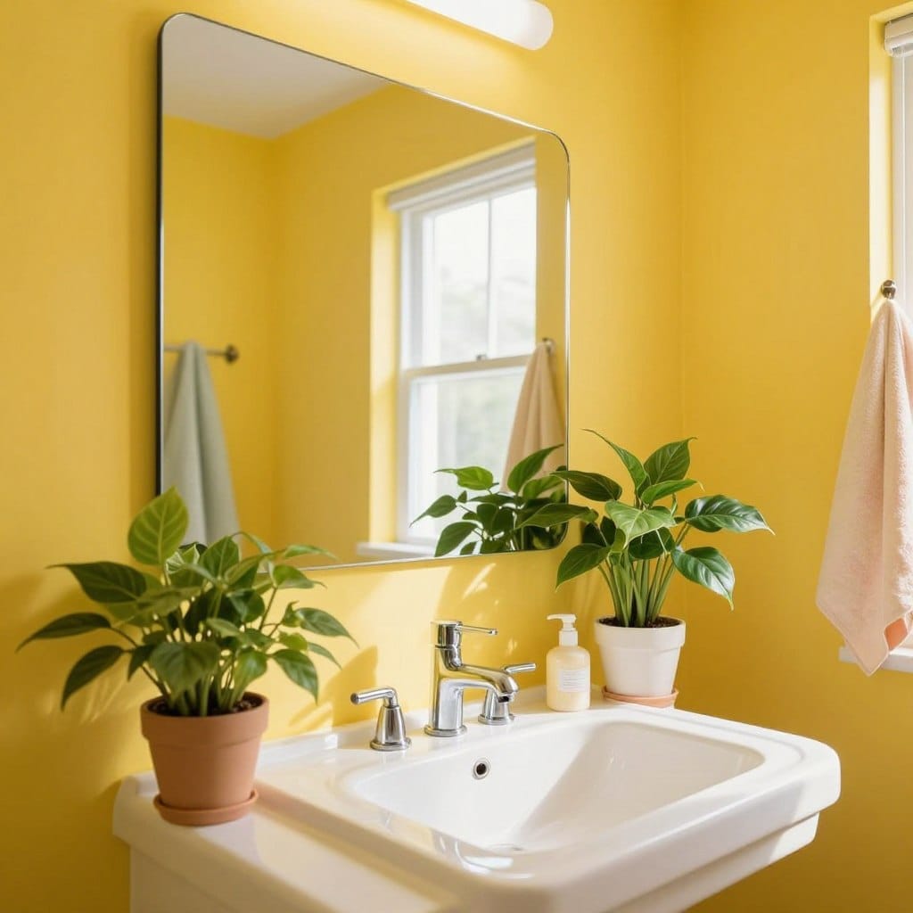 A bright, cheerful bathroom painted in Sunbeam Yellow, showcasing vibrant colors that evoke a sense of warmth and energy. In the foreground, elegant bathroom fixtures like a sleek white sink and modern chrome faucet, with lush green plants artfully placed for contrast. The middle section features a large, inviting mirror reflecting the lively yellow walls, illuminated by natural light pouring through an unseen window. The background hints at soft, pastel accents in towels and decorative items, enhancing the sunny atmosphere. The scene captures a joyous, refreshing mood, with soft shadows and highlights that make the colors pop. The composition is warm and inviting, perfect for inspiring a sense of brightness and positivity in a windowless space. A bright, cheerful bathroom painted in Sunbeam Yellow, showcasing vibrant colors that evoke a sense of warmth and energy. In the foreground, elegant bathroom fixtures like a sleek white sink and modern chrome faucet, with lush green plants artfully placed for contrast. The middle section features a large, inviting mirror reflecting the lively yellow walls, illuminated by natural light pouring through an unseen window. The background hints at soft, pastel accents in towels and decorative items, enhancing the sunny atmosphere. The scene captures a joyous, refreshing mood, with soft shadows and highlights that make the colors pop. The composition is warm and inviting, perfect for inspiring a sense of brightness and positivity in a windowless space.