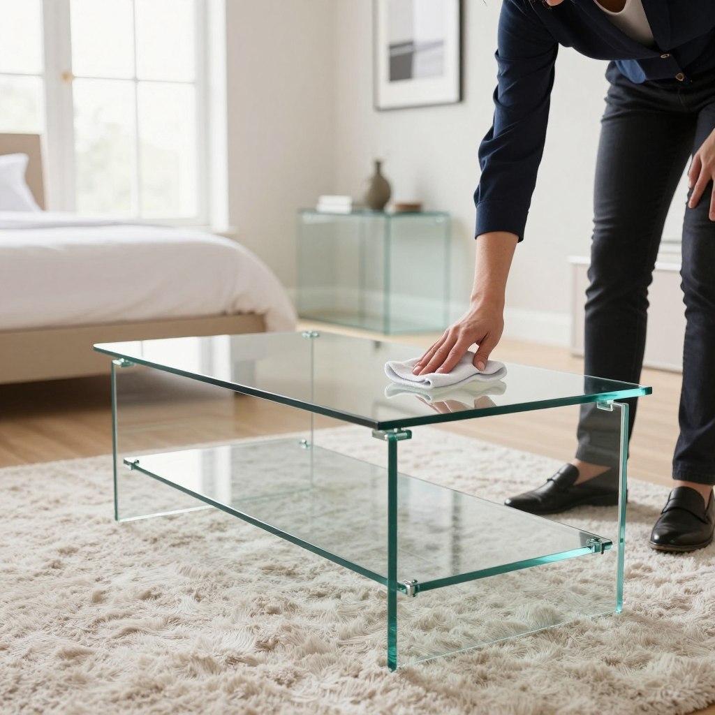 A bright, modern bedroom featuring sleek glass furniture, such as a glass coffee table and nightstands, in focus. In the foreground, a person in smart casual attire gently cleans the glass surfaces with a microfiber cloth, showcasing a maintenance routine. The middle ground displays stylish decor elements like a plush area rug and minimalistic artwork on light-colored walls. The background features natural light streaming through large windows, creating a warm and airy ambiance. The lighting is soft yet bright, emphasizing the clarity and elegance of the glass furniture. The composition captures a sense of tranquility and sophistication, reflecting the art of maintaining and ensuring safety in a contemporary glass bedroom setting.