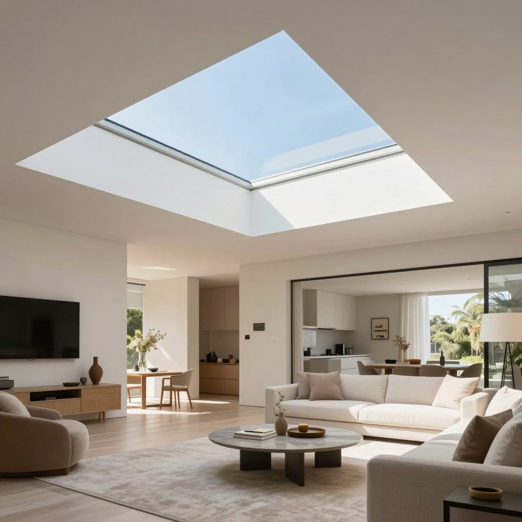 A bright, modern residential interior showcasing a fixed skylight design. In the foreground, a spacious living room features a stylish fixed skylight seamlessly integrated into a contemporary ceiling, allowing natural light to flood the space. In the middle, there’s an elegant arrangement of furniture, with a light-colored rug and minimalist decor, enhancing the sense of openness. The background displays a clear blue sky visible through the skylight, with soft, diffused sunlight illuminating the room. Use a wide-angle lens to capture the entire space, emphasizing the grandeur and tranquility of the environment. The atmosphere is serene and welcoming, highlighting the benefits of fixed skylights in enhancing living spaces.