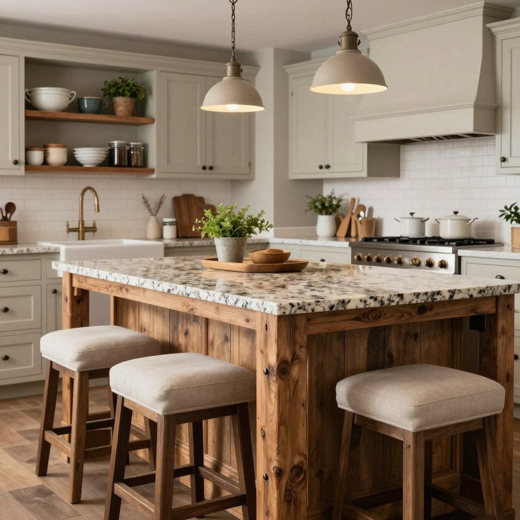 A charming farmhouse kitchen island decor featuring reclaimed wood and granite, showcasing a spacious, rustic island at the heart of the kitchen. In the foreground, the island boasts a polished granite countertop contrasted with the rough texture of reclaimed wood. The middle section includes elegant farmhouse-style bar stools upholstered in soft, neutral fabrics. In the background, vintage cabinetry with whitewash finish and open shelving displays rustic kitchenware and potted herbs. Soft, warm lighting from hanging pendant lights creates an inviting atmosphere, enhancing the cozy ambiance. The scene captures a blend of traditional farmhouse charm and modern elegance, inviting viewers to envision a welcoming gathering space in a beautifully designed kitchen. A charming farmhouse kitchen island decor featuring reclaimed wood and granite, showcasing a spacious, rustic island at the heart of the kitchen. In the foreground, the island boasts a polished granite countertop contrasted with the rough texture of reclaimed wood. The middle section includes elegant farmhouse-style bar stools upholstered in soft, neutral fabrics. In the background, vintage cabinetry with whitewash finish and open shelving displays rustic kitchenware and potted herbs. Soft, warm lighting from hanging pendant lights creates an inviting atmosphere, enhancing the cozy ambiance. The scene captures a blend of traditional farmhouse charm and modern elegance, inviting viewers to envision a welcoming gathering space in a beautifully designed kitchen.