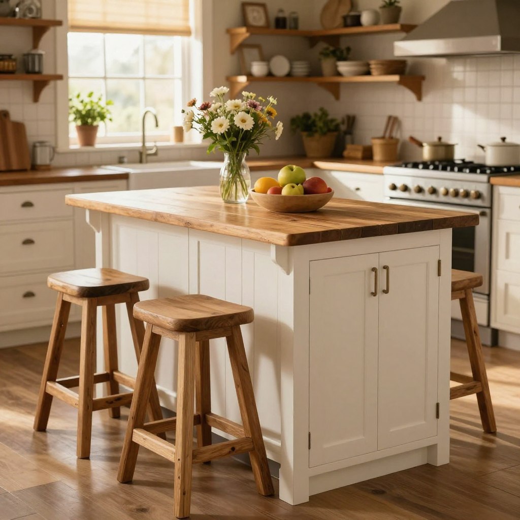 A charming mini farmhouse kitchen island with seating, featuring a weathered wood surface and white shaker-style cabinets. The foreground showcases comfortable, rustic bar stools in natural wood tones, invitingly arranged around the island. In the middle, the island is adorned with subtle decorative elements, such as a vase of fresh flowers and a bowl of seasonal fruits, enhancing the cozy atmosphere. The background reveals a warm, softly lit kitchen with farmhouse-style decor, including open shelving and herb pots on the windowsill, bathed in golden morning light. The scene is captured from a slightly elevated angle to give a comprehensive view of the island's functionality and design, evoking a peaceful, homely vibe perfect for family gatherings.