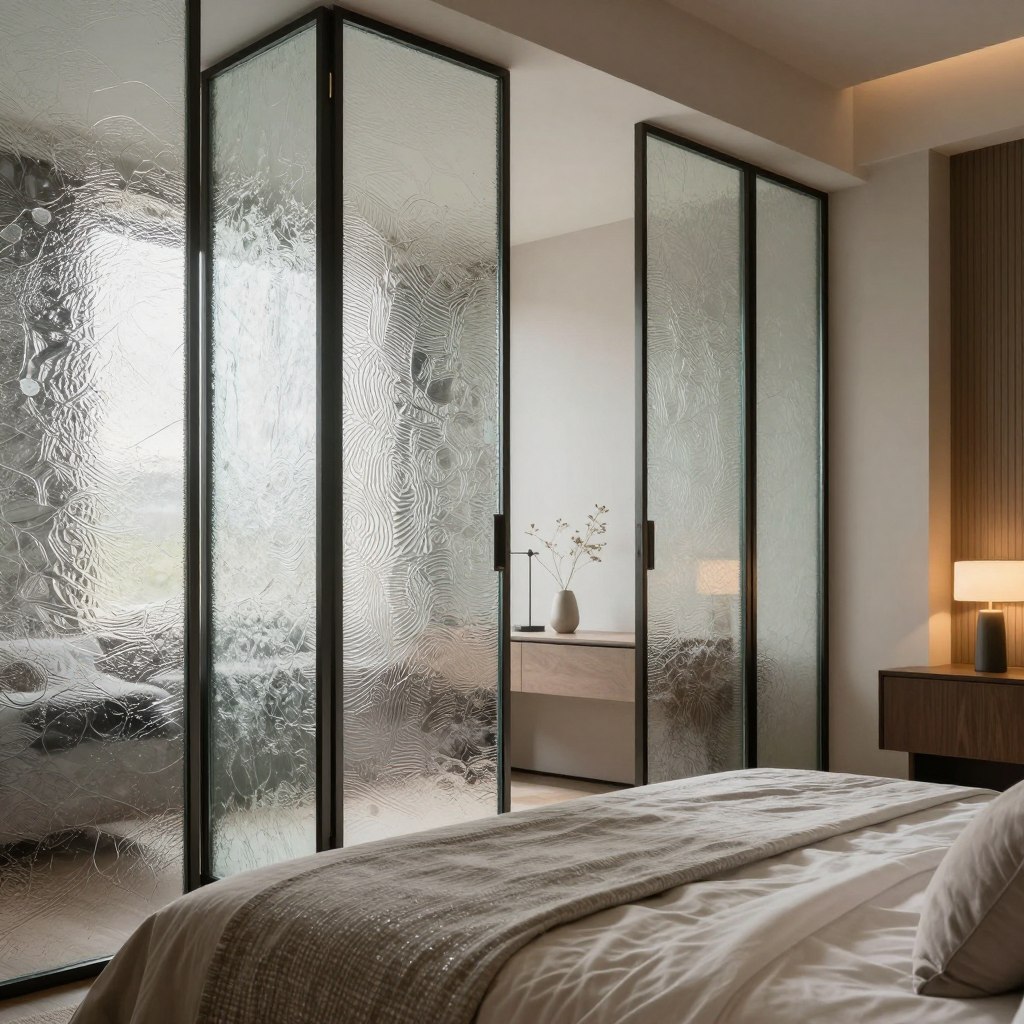 A chic bedroom interior featuring textured and patterned glass elements, showcasing elegant glass partitions and stylish window designs. In the foreground, a sleek modern bed dressed in soft, neutral-toned linens complements shimmering glass details. The middle ground highlights delicately textured glass panels that provide privacy while allowing soft, diffused natural light to fill the room. In the background, minimalist decor with warm wooden accents creates a serene atmosphere. Soft, ambient lighting enhances the inviting feel, casting gentle reflections on the glass surfaces. The perspective is slightly angled to capture the interplay between glass textures and the cozy furnishings. The mood is tranquil and sophisticated, emphasizing stylish privacy solutions in a contemporary bedroom setting.