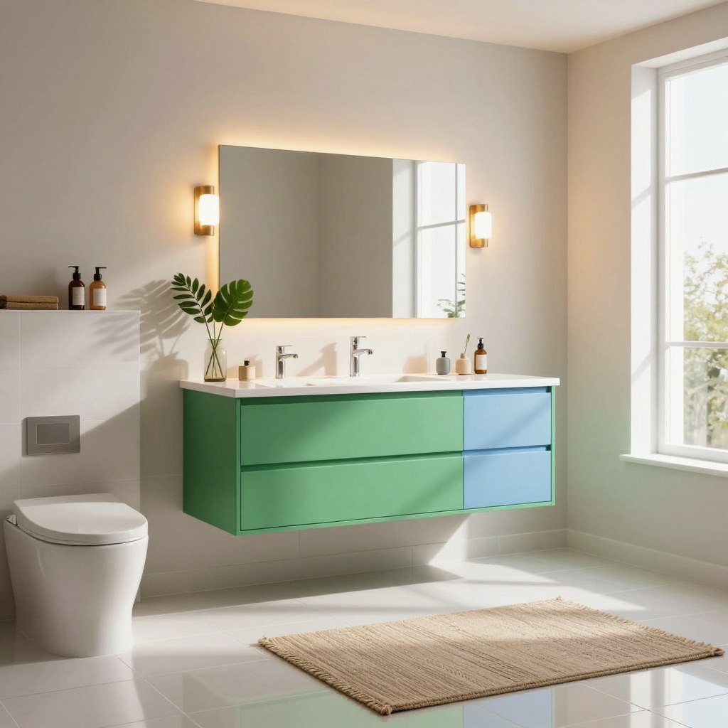 A chic modern bathroom showcasing the latest color trends and lighting. In the foreground, glossy white tiles reflect a serene atmosphere. The middle section features a stylish vanity with vibrant green and soft blue accents. The lighting is soft and warm, emanating from elegantly designed fixtures above the mirror, creating a cozy ambiance. A textured, earthy rug adds a touch of warmth underfoot. The background presents minimalistic decor with a fresh plant adding a pop of color, while large windows allow natural light to filter in, enhancing the room's spacious feel. The overall mood is tranquil and inviting, ideal for relaxation and rejuvenation, framed by a subtle play of shadows and light.