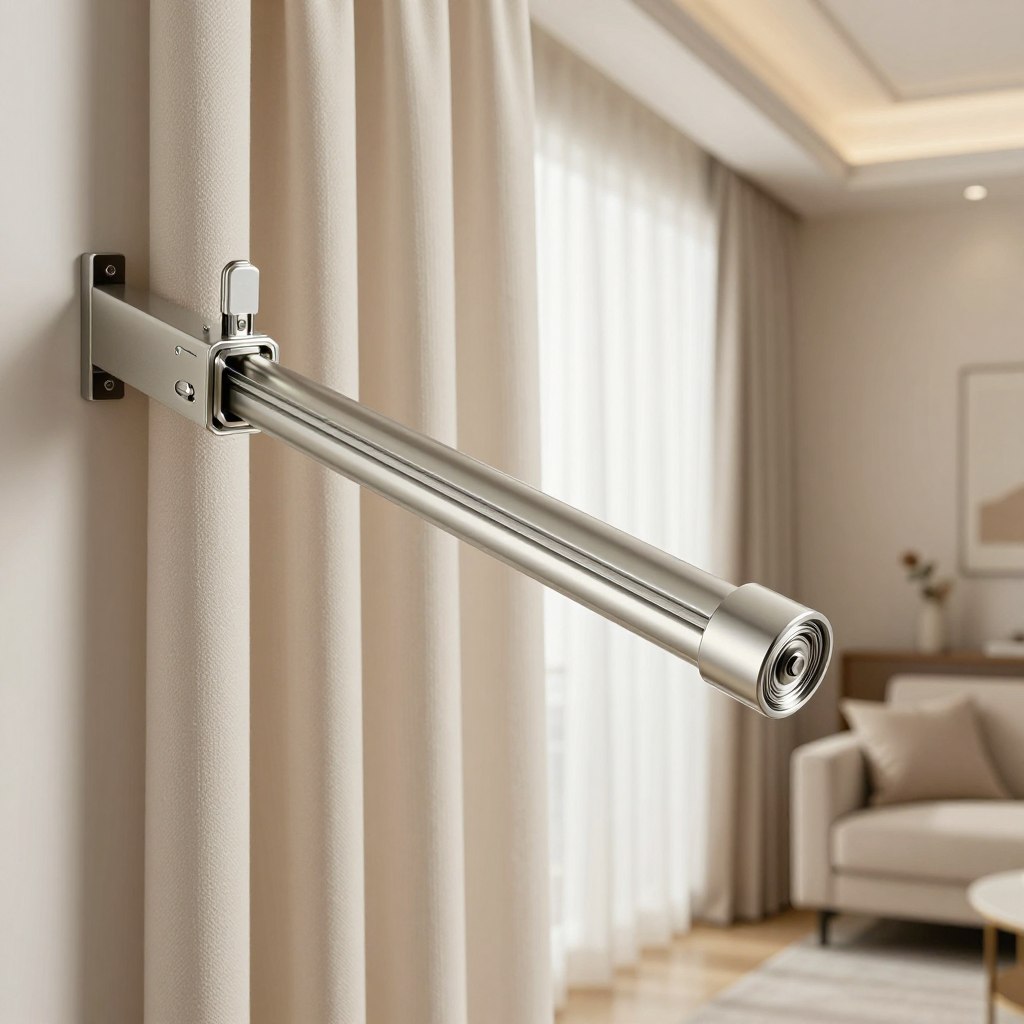 A close-up of resilient window treatment tracks, showcasing smooth gliders and high-quality rollers designed for effortless operation. The tracks are elegantly mounted along a modern living room wall, framed by beautifully draped curtains in a soft, neutral tone. The foreground highlights the intricate detailing of the roller mechanisms, capturing the sheen of sleek metal finishes under gentle, warm ambient lighting. In the middle ground, the curtains softly billow, reflecting a sense of comfort and style. The background features hints of a cozy living room atmosphere, including a plush sofa and tasteful decor, enhancing the overall feel of sophistication and durability. The scene is bright and inviting, emphasizing the elegance and functionality of quality curtain tracks without any human presence.