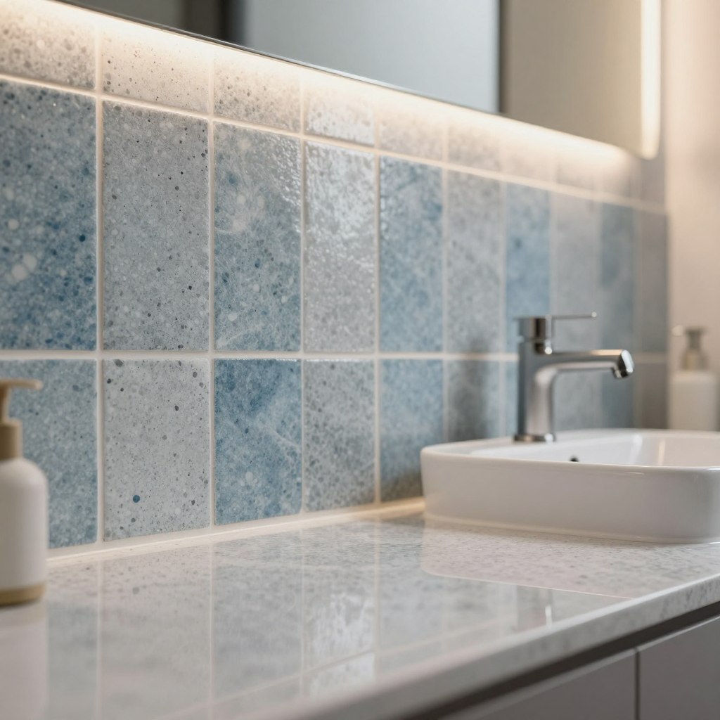 A close-up view of a stylish bathroom vanity area featuring a beautiful speckled tile backsplash. The tiles are a blend of soft blues and subtle grays, providing a modern yet calming effect. In the foreground, the polished surface of the vanity reflects the intricate patterns of the speckled tiles, enhancing their detail. The middle area showcases a sleek, contemporary sink with minimalist fixtures, elegantly contrasting against the textured tiles. In the background, soft, warm lighting casts a gentle glow, creating an inviting atmosphere. The angle captures the tile backsplash prominently, highlighting its artistic appeal, while maintaining a clean and minimalist aesthetic throughout the composition. A close-up view of a stylish bathroom vanity area featuring a beautiful speckled tile backsplash. The tiles are a blend of soft blues and subtle grays, providing a modern yet calming effect. In the foreground, the polished surface of the vanity reflects the intricate patterns of the speckled tiles, enhancing their detail. The middle area showcases a sleek, contemporary sink with minimalist fixtures, elegantly contrasting against the textured tiles. In the background, soft, warm lighting casts a gentle glow, creating an inviting atmosphere. The angle captures the tile backsplash prominently, highlighting its artistic appeal, while maintaining a clean and minimalist aesthetic throughout the composition.