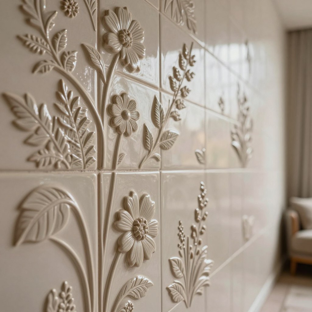 A close-up view of a unique wall texture featuring intricate floral and botanical relief designs, crafted from textured ceramic tiles. The foreground shows an elegant blend of raised leaf and flower patterns in soft earth tones, emphasizing depth and artistry. The middle ground reveals a smooth, softly illuminated wall that enhances the tactile quality of the tiles. In the background, subtle ambient lighting casts gentle shadows, adding warmth and inviting atmosphere. The scene is captured at a slight angle, highlighting the dimensionality of the textures. The overall mood is tranquil and artistic, perfect for an elegant living room setting. Soft, natural light filters in, evoking a sense of harmony and creativity in home decor.