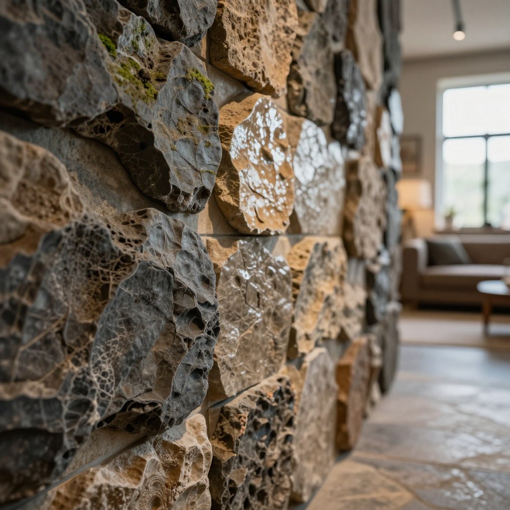 A close-up view of unique organic stone-inspired wall textures that evoke rustic elegance. The foreground features intricate, layered stone patterns with natural variations in color, showcasing deep grays, warm browns, and subtle undertones of mossy greens. In the middle ground, softly lit stone tiles reflect a gentle sheen, emphasizing their 3D quality and textures that resemble weathered rocks. The background fades into a softly blurred interior space, hinting at a cozy living room with warm ambient lighting filtering through a nearby window. The mood is inviting and serene, perfect for a rustic-inspired decor. Capture this scene with a shallow depth of field to draw attention to the rich textures while maintaining a soft and harmonious atmosphere.