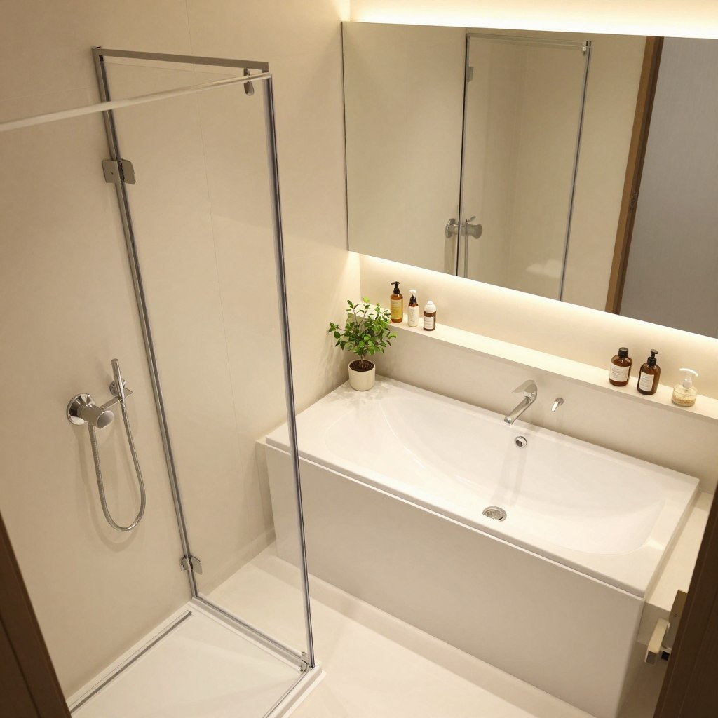 A compact bathroom layout showcasing a space-saving shower-tub combo, featuring sleek, modern fixtures. In the foreground, the mixed-use shower-tub is elegantly designed with a clear glass shower door and a stylish faucet. Soft, ambient lighting illuminates the space, creating a warm and inviting atmosphere. The middle section includes minimalistic shelving housing neatly arranged toiletries, complemented by a small potted plant for a touch of greenery. The background reveals light-colored tile walls and a large mirror that reflects the overall brightness, enhancing the sense of space. The angle is slightly elevated to capture the full layout, emphasizing the functionality and aesthetic of a small bathroom.